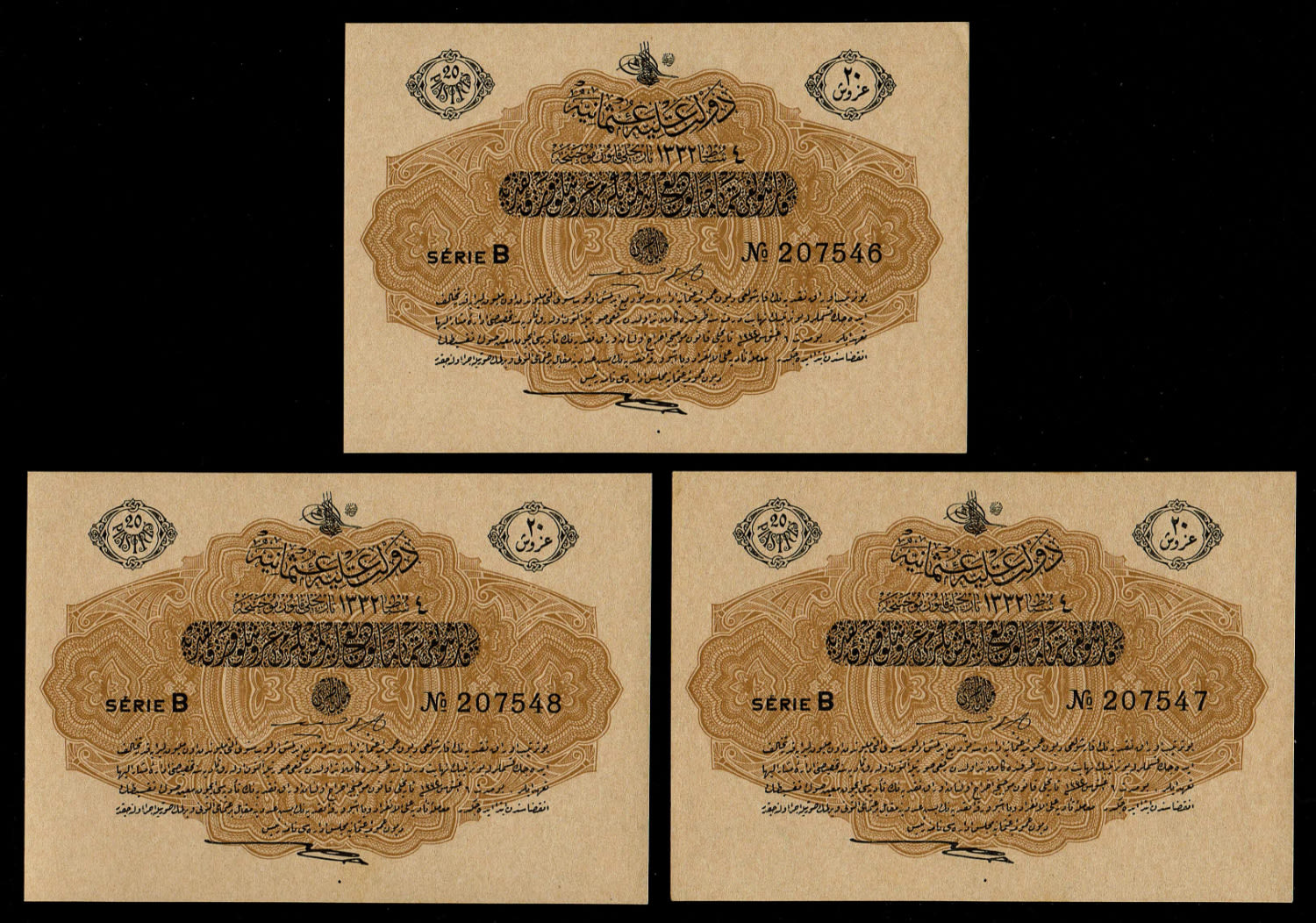 Turkey / Ottoman Empire - 3 Banknotes of 20 Kurush 1332-4 (1913-1916) - Consecutive serial numbers - ... - 1 0
