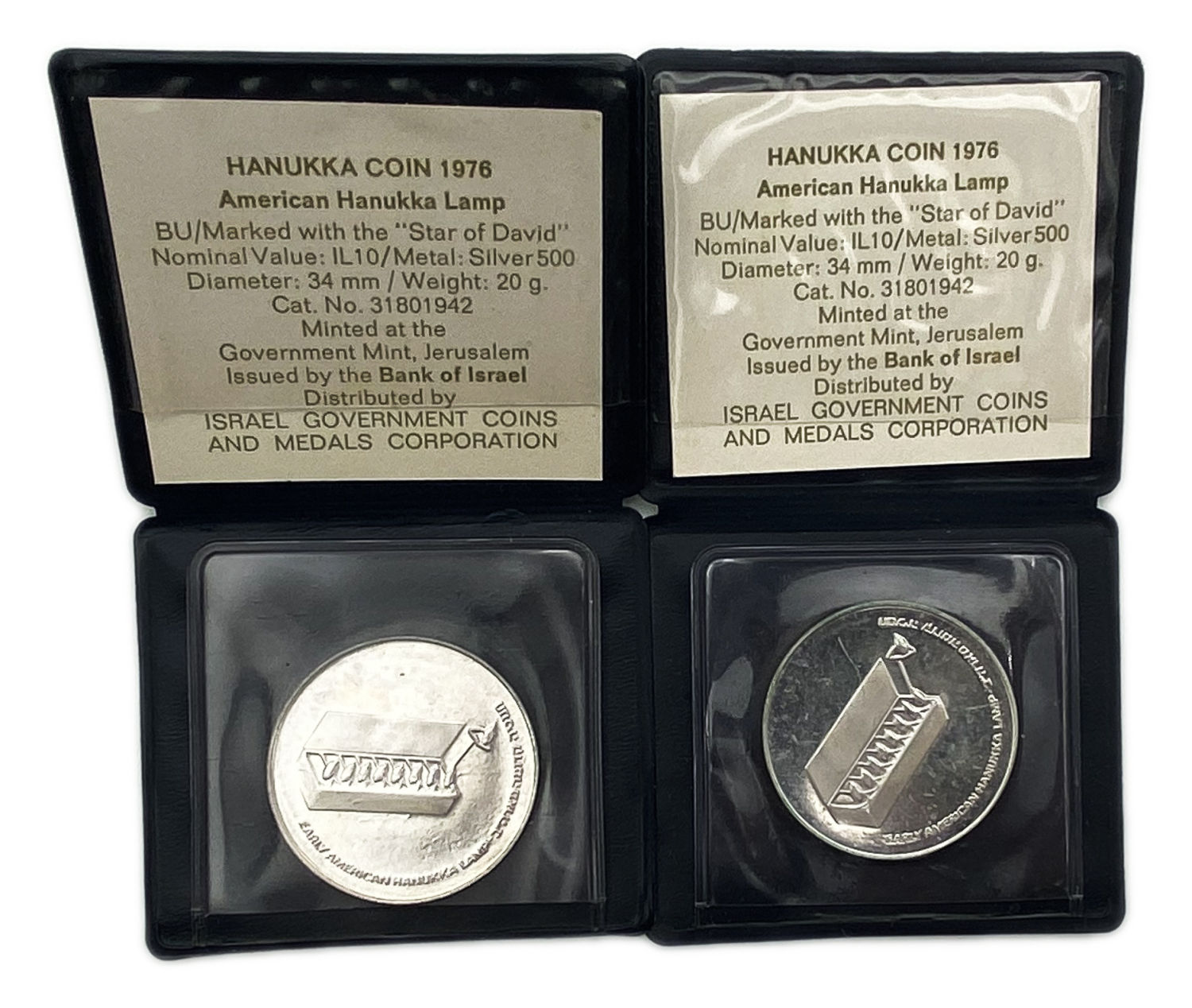 Israel - A pair of 10 lira coins 1976 - Menorah from the United States - Silver 500, 20g ... - 1 0