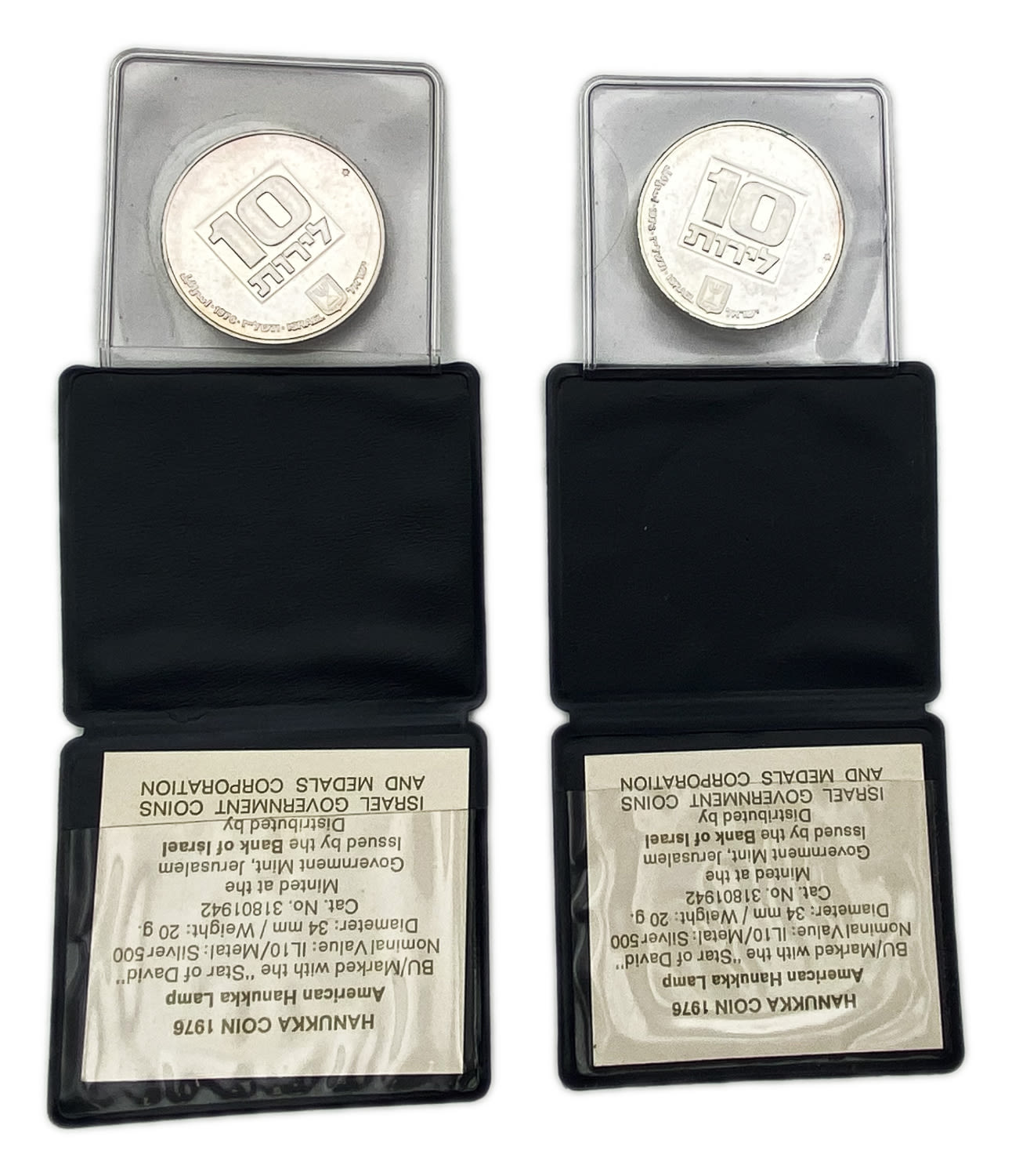Israel - A pair of 10 lira coins 1976 - Menorah from the United States - Silver 500, 20g ... - 1 1