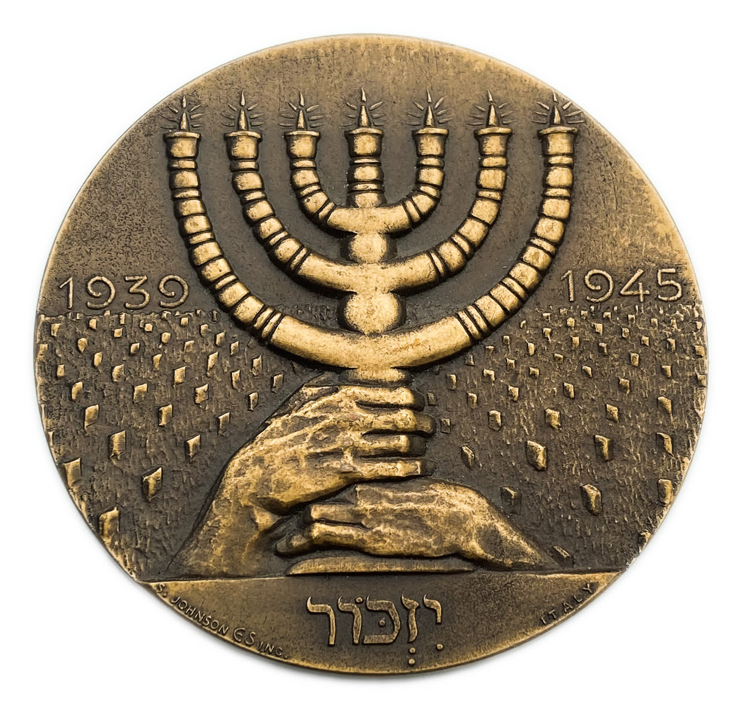 Judaica / Zionism - Bronze medal commemorating holocaust victims, Italy
Obverse: a man raising the ... - 1 0