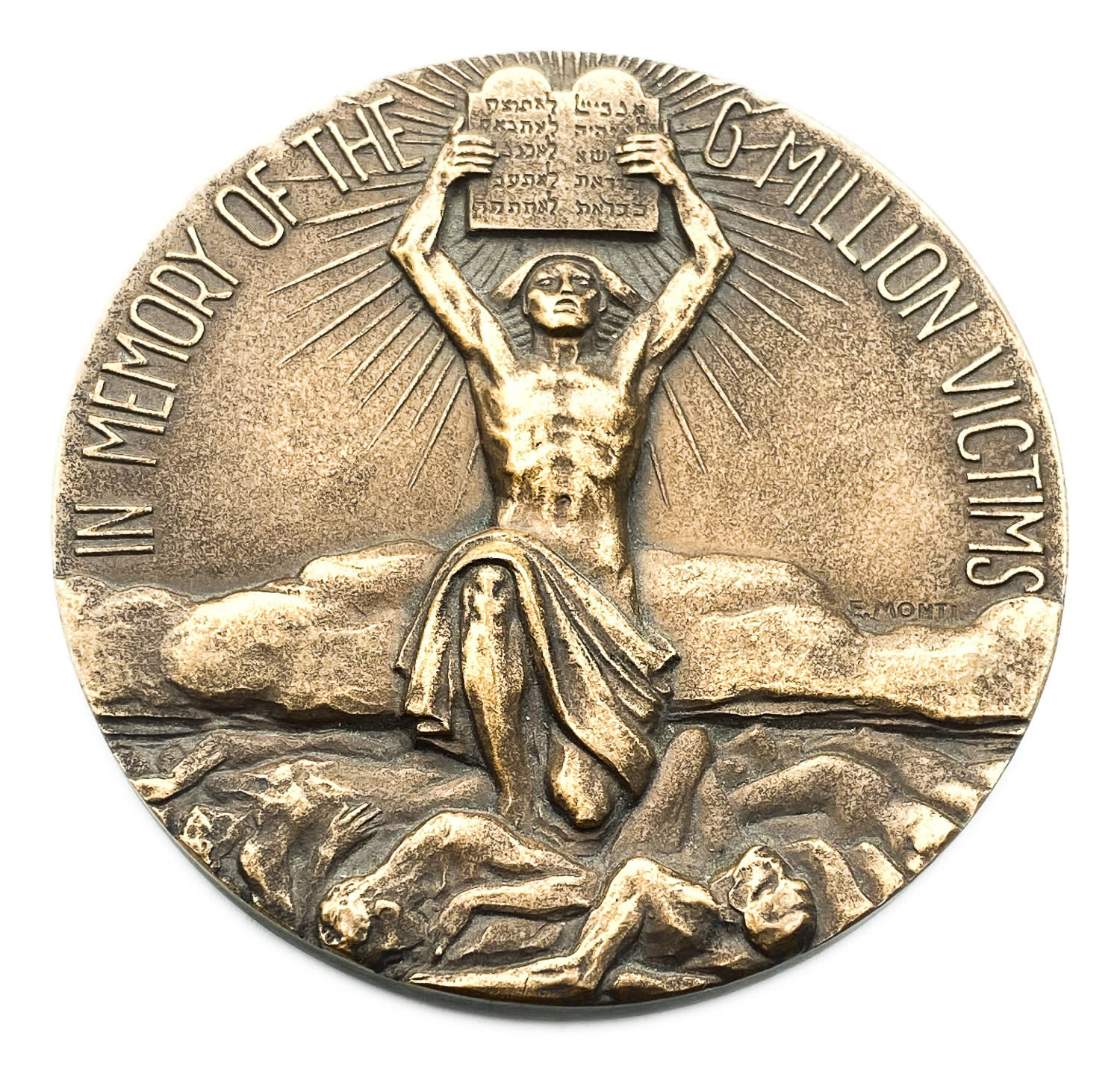 Judaica / Zionism - Bronze medal commemorating holocaust victims, Italy
Obverse: a man raising the ... - 1 1