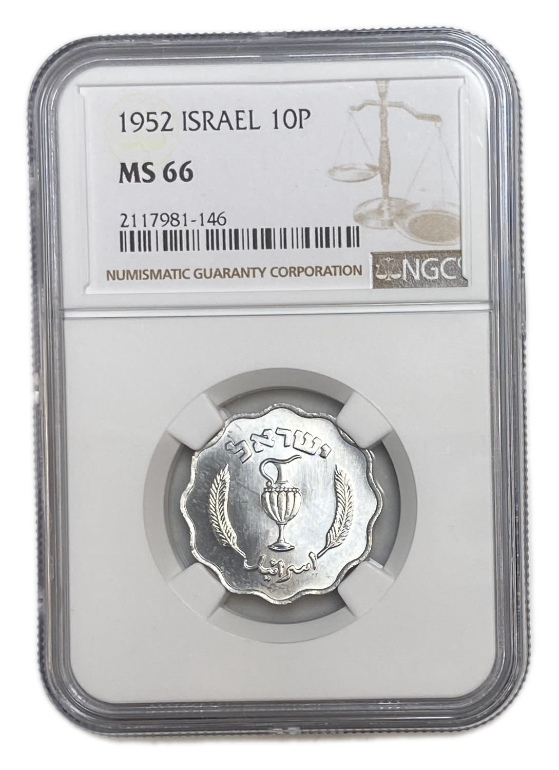Israel - 10 Agoras 1952 - NGC MS 66
The heigest grade in both of the grading companies
Face : ... - 1 2