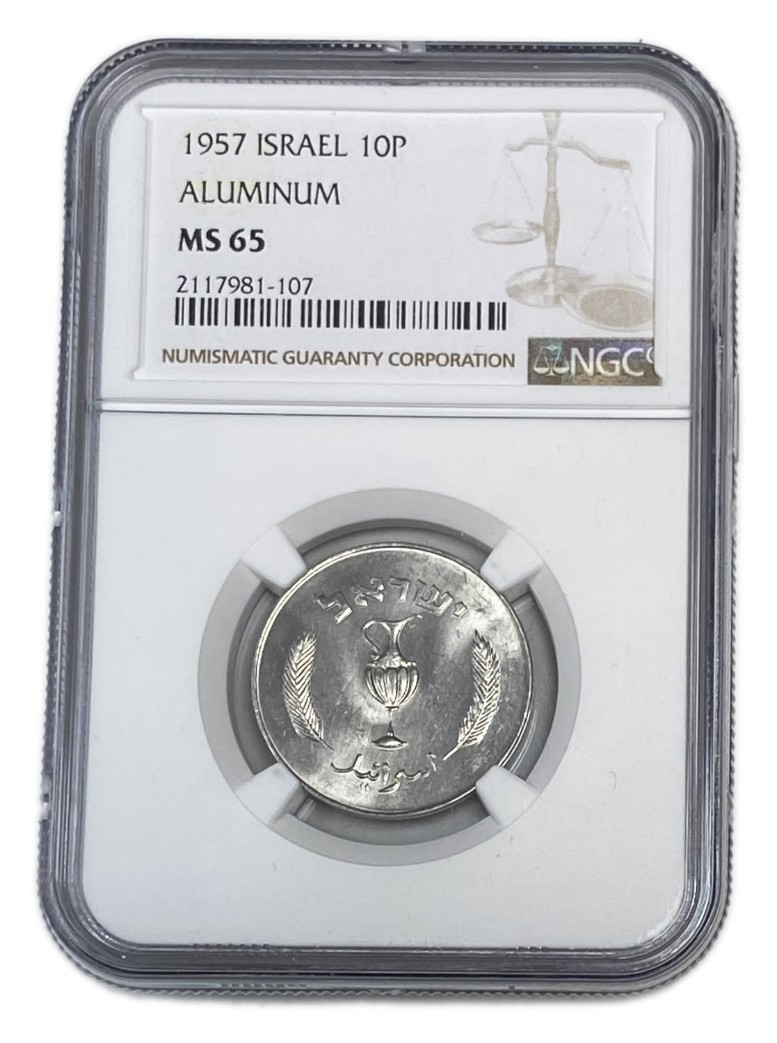 Israel - 10 Peruta 1957 - NGC MS 65
Interior: pitcher with 2 handles; The word "Israel" in Hebrew ... - 1 2