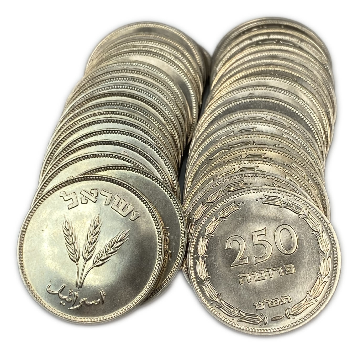 Israel - Lot of 40 coins 250 Pruta 1949 - "Without Pearl" - UNC
Face: The words "250 Pruta" and year ... - 1 2
