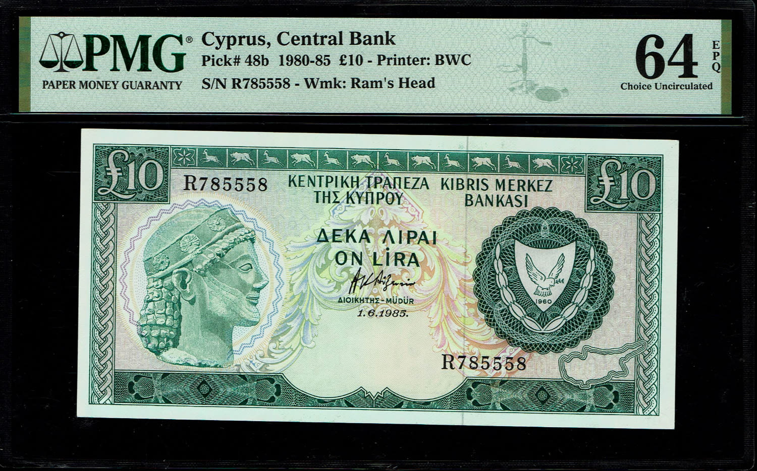 Cyprus - 10 Pound 1980-1985 - PMG 64 EPQ
Obverse: Ancient bust at left.
Arms of cyprus at right ... - 1 0