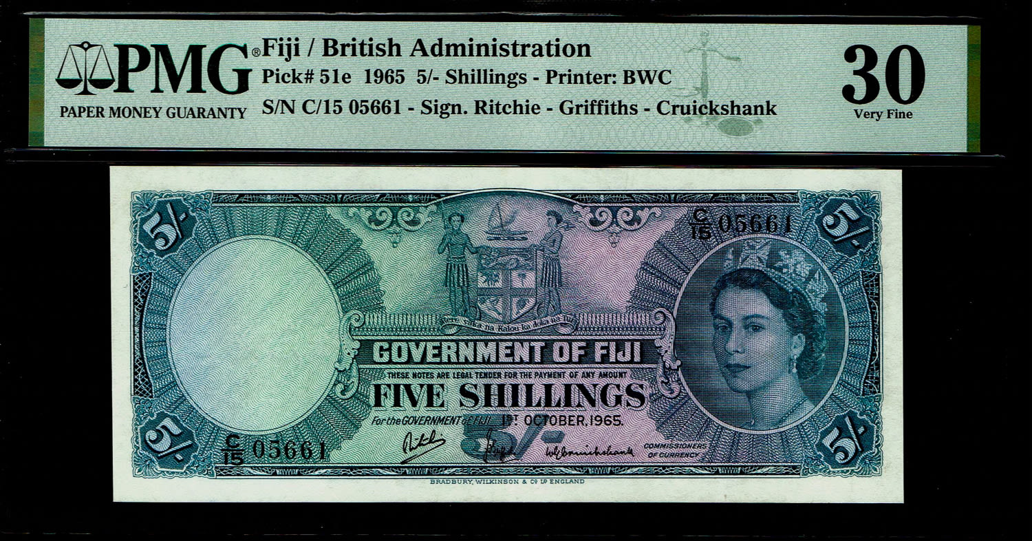 Fiji - 5 Shillings 1965 - PMG 30
Obverse: Portrait of Queen Elizabeth II - 1 0