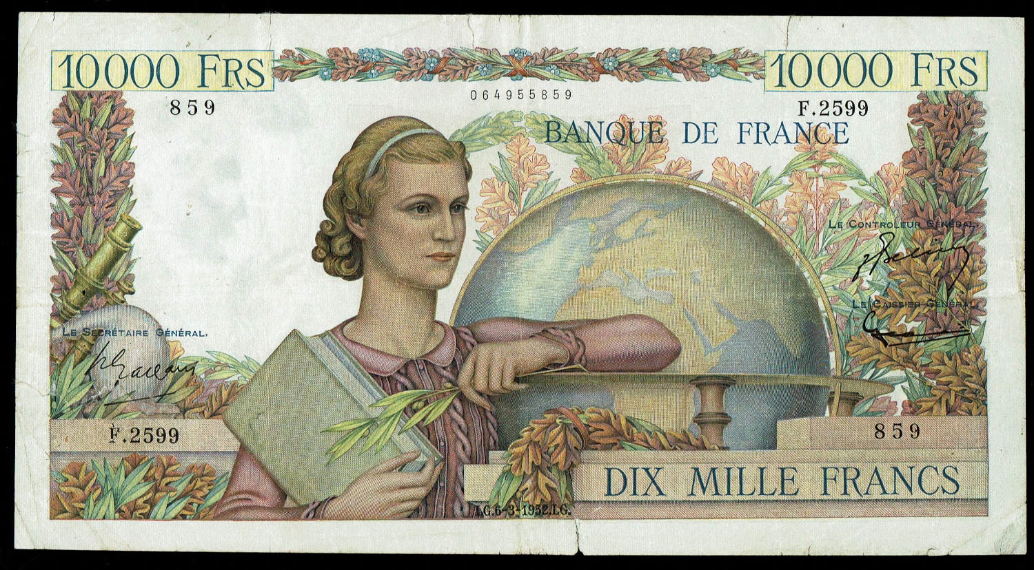 France - 10,000 Francs 1952 - VF
Obverse
Lettering:
10 000 FRS | 10 000 FRS ... - 1 0