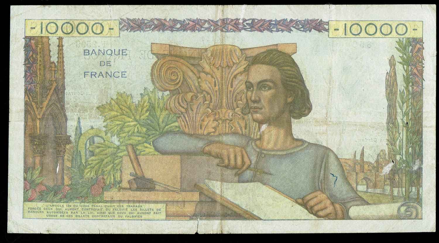 France - 10,000 Francs 1952 - VF
Obverse
Lettering:
10 000 FRS | 10 000 FRS ... - 1 1