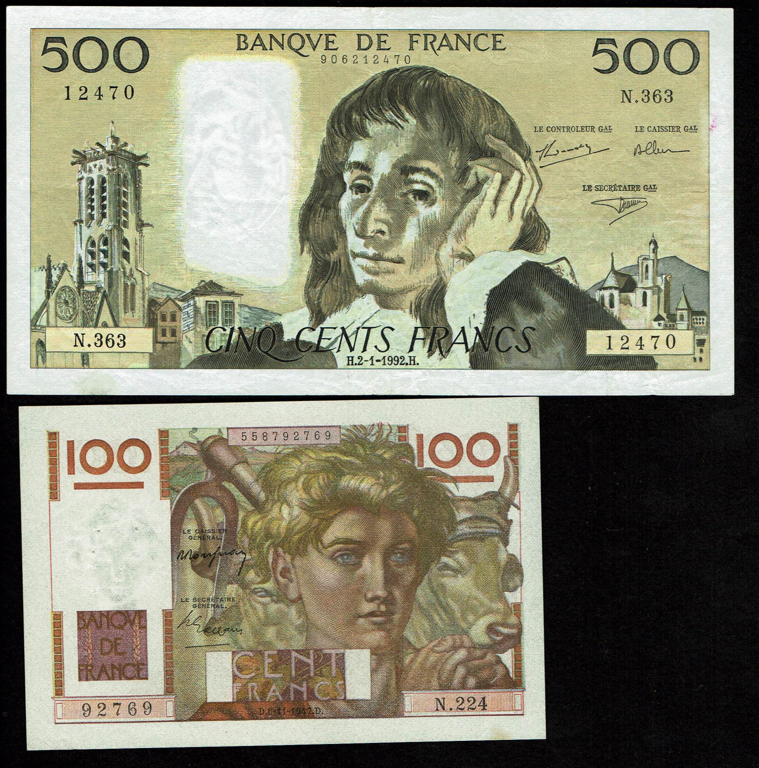 France - 500, 1,000 cents Francs 1947, 1992 - VF-XF - 1 0