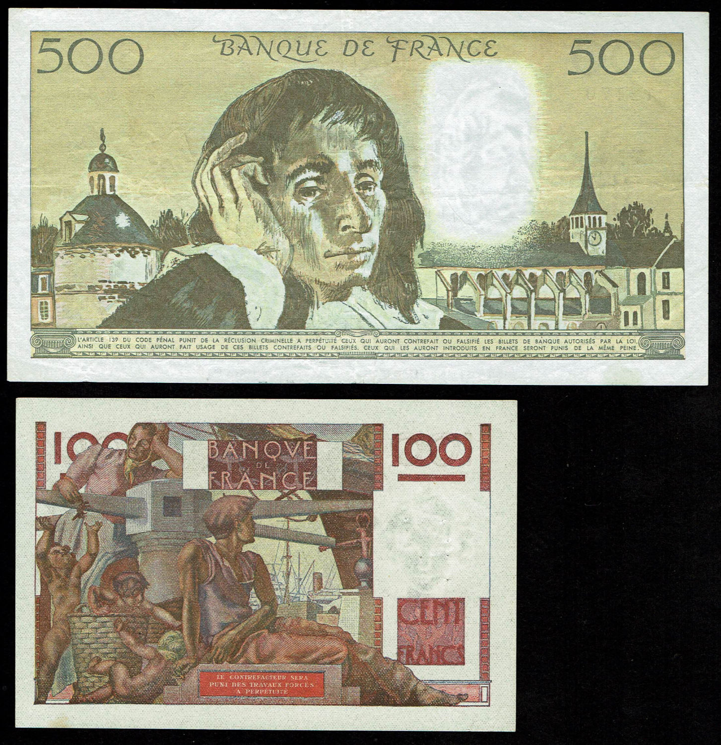 France - 500, 1,000 cents Francs 1947, 1992 - VF-XF - 1 1