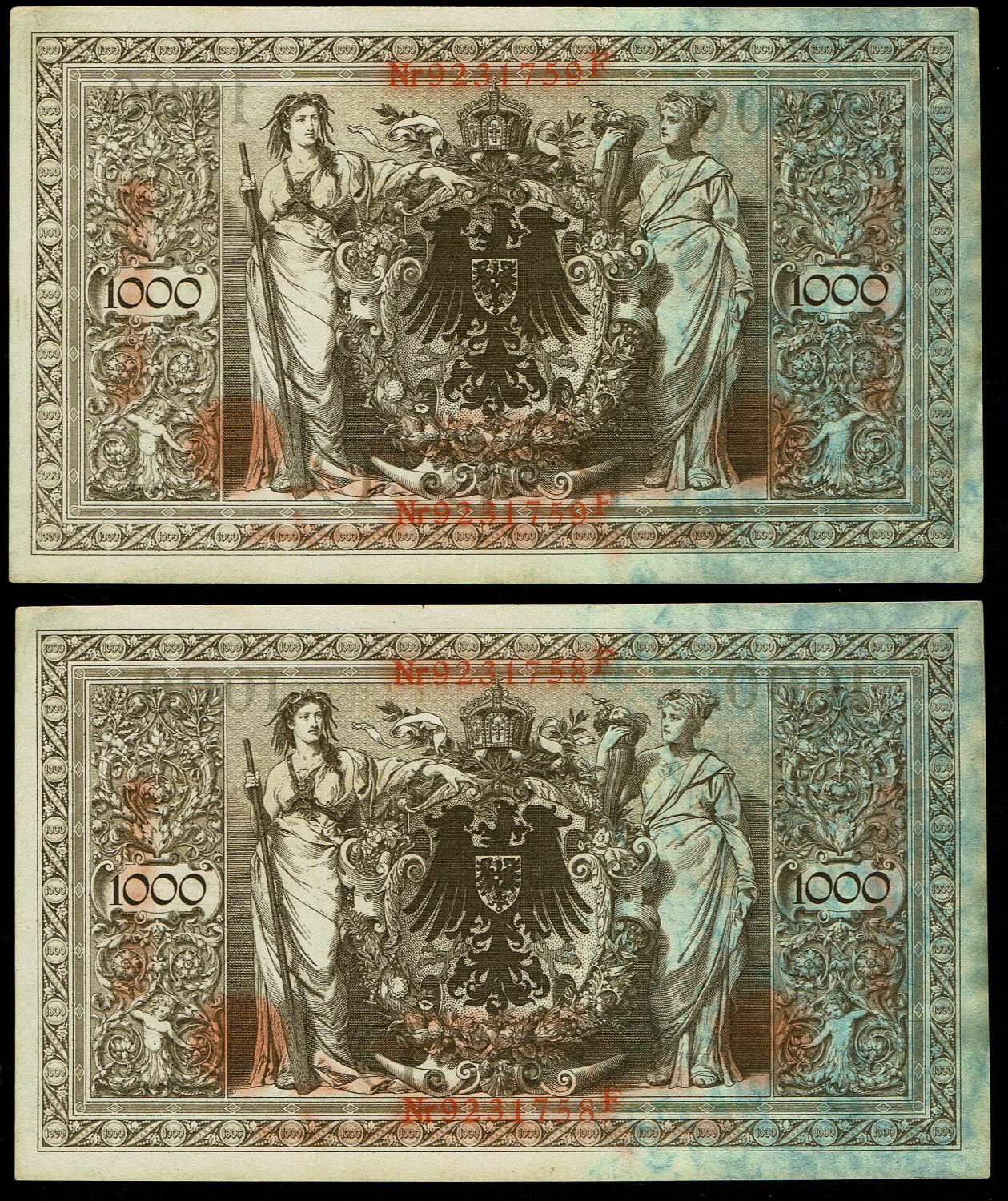 Germany - 1,000 Mark 1910 - XF
Obverse: Brown printed note on textured paper (vertical ribs).
... - 1 0