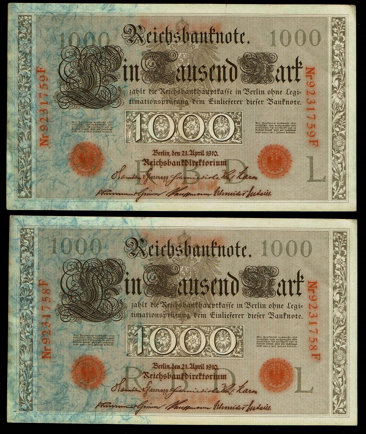 Germany - 1,000 Mark 1910 - XF
Obverse: Brown printed note on textured paper (vertical ribs).
... - 1 1