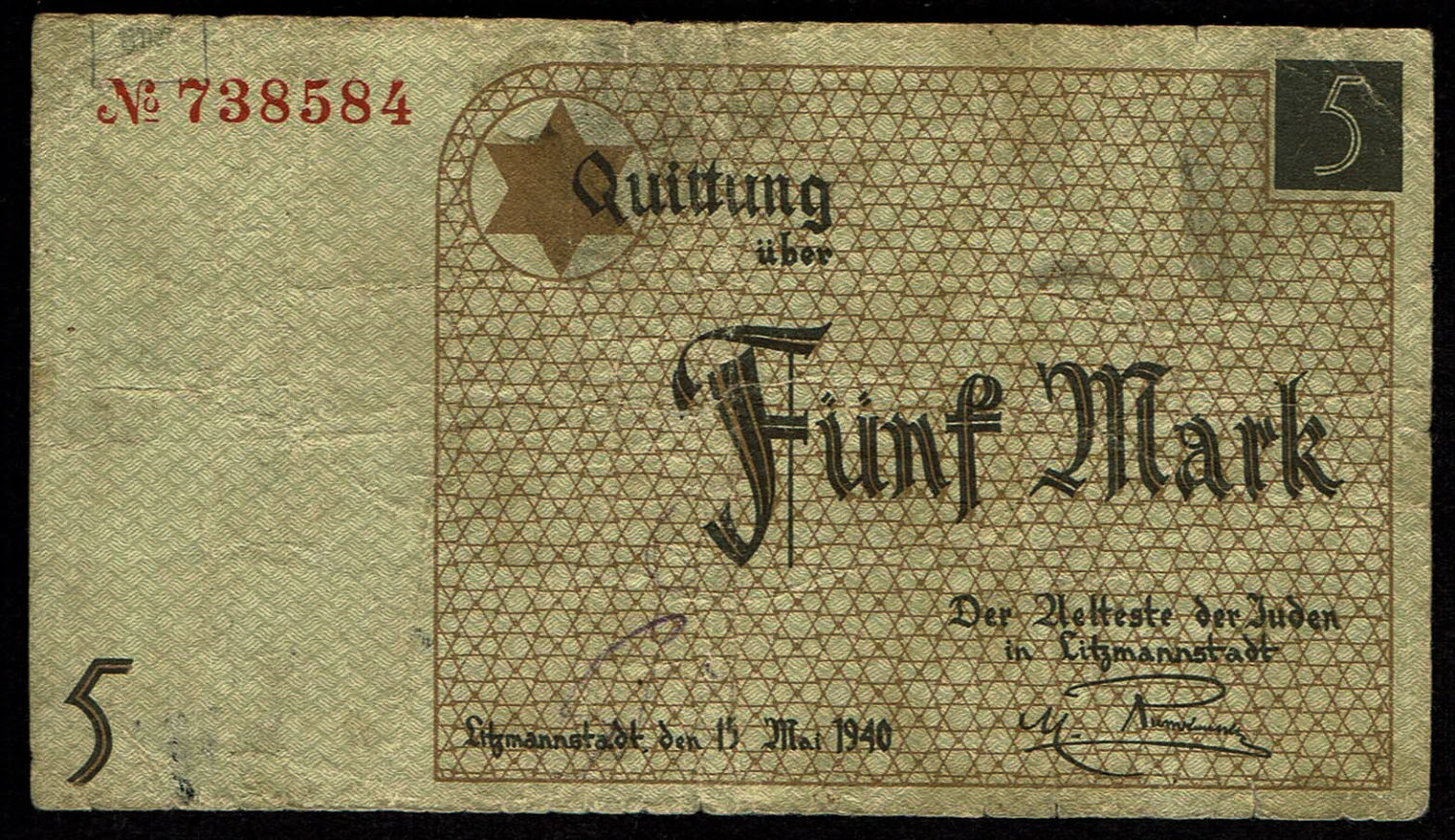 Holocaust concentration camps money - Poland - 5 mark 1940 - ghetto Lodz - VF
Banknote of 5 mark ... - 1 0