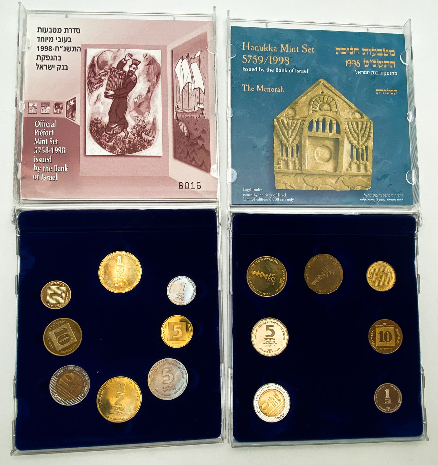 Israel - 5 sets of coins, "Discs" - Hanukkah Coins 1999, "Yemen Jewry" 2001, "Special Thickness" 1997, "Hanukkah ... - 1 1