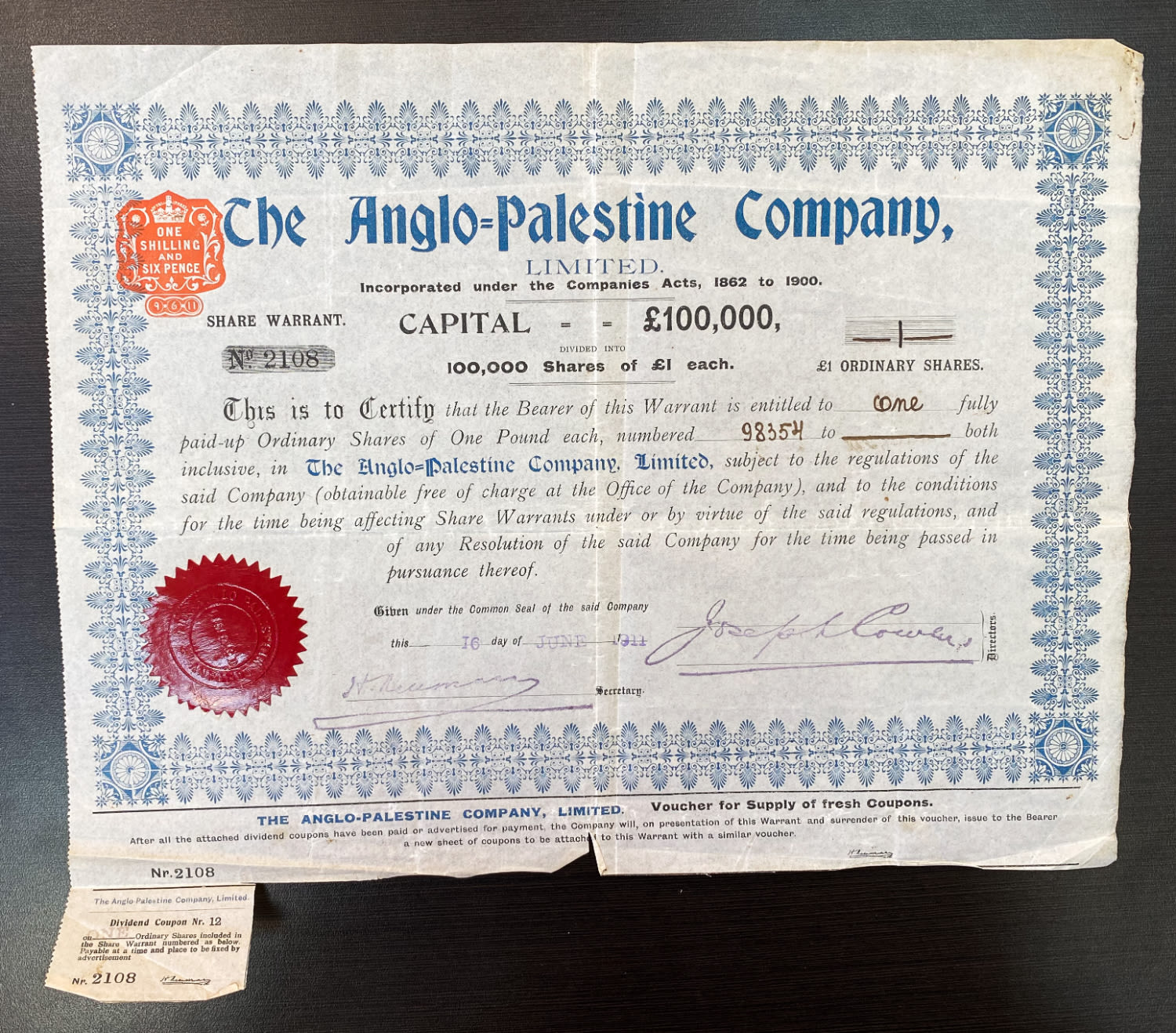 Payment method - Palestine - Early stock certificate of the Anglo Palestine Company 1911 - 1 0
