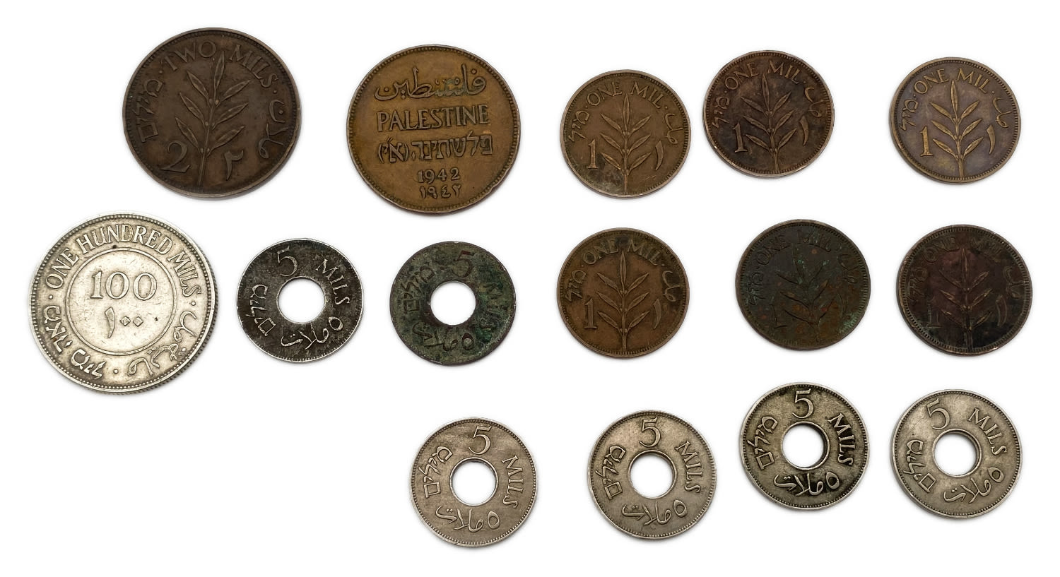 Palestine - Lot of 15 coins 1, 2, 5 and 100 mil - Different years - F-VF
Mil, was the Hebrew name ... - 1 1