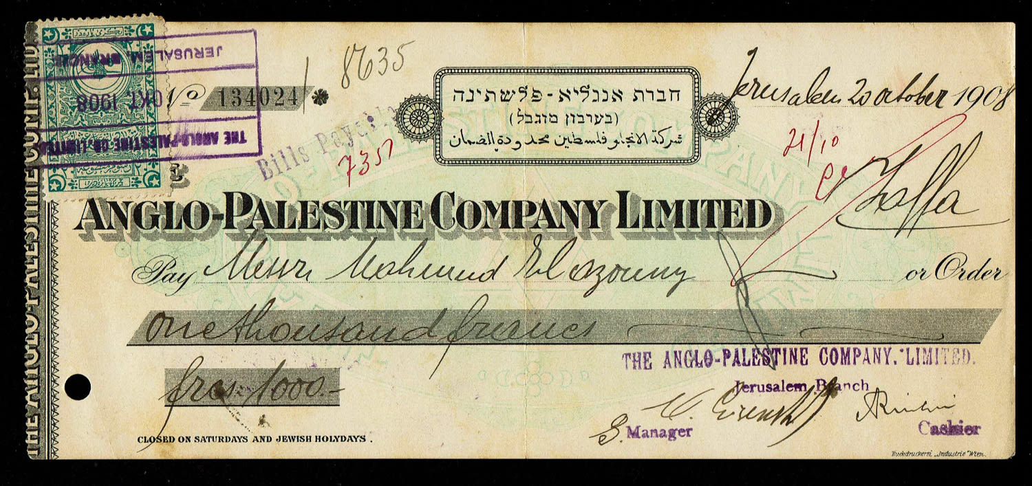 Paper money token - Palestine - Cheque for 1,000 francs 1908 - Anglo Palestine Bank, Jerusalem branch ... - 1 0
