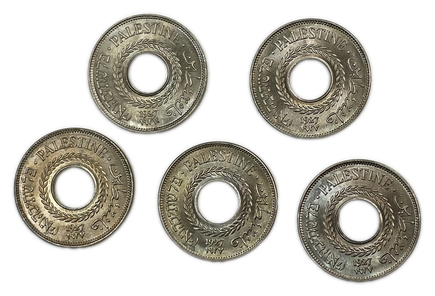 Palestine - Lot of 5 coins, 5 Mils 1927 - UNC
MIL, was the Hebrew name of the coin that was ... - 1 0