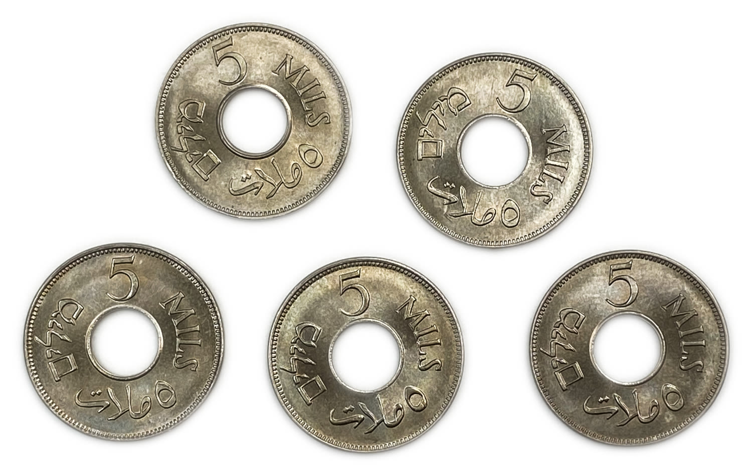Palestine - Lot of 5 coins, 5 Mils 1927 - UNC
MIL, was the Hebrew name of the coin that was ... - 1 1