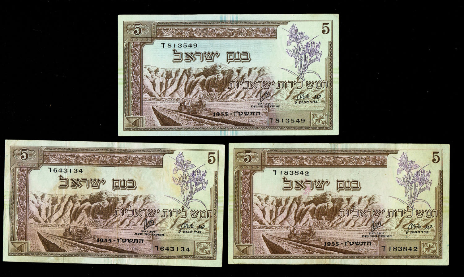 Israel - Lot of 5 banknotes of 5 Lirot 1955 - VF
In 1954, the Bank of Israel was founded and began ... - 1 1