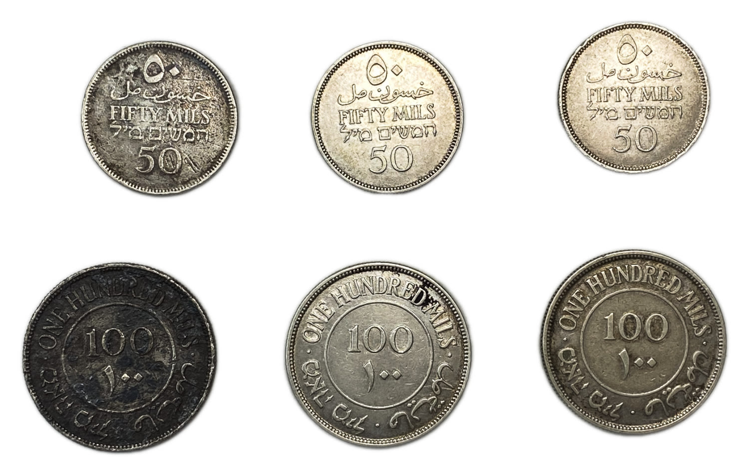Palestine - Set of 6 coins 50 mil 1933, 1935, 1940, 100 mil 1927, 1935, 1940 - G-VF
Mil was the ... - 1 1
