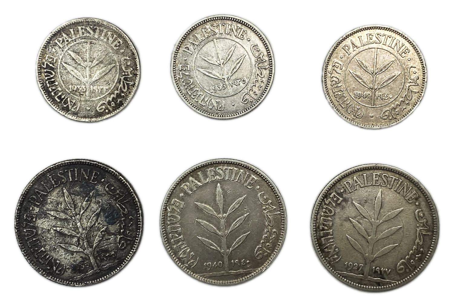 Palestine - Set of 6 coins 50 mil 1933, 1935, 1940, 100 mil 1927, 1935, 1940 - G-VF
Mil was the ... - 1 0