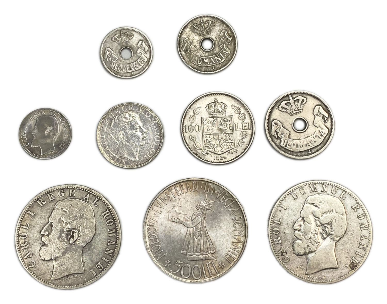 Romania - Lot of 9 coins - 5, 10, 50 Bani - 500, 200, 100, 5 Lei - 1906, 1900, 1883, 1880, 1941, 1930
... - 1 1