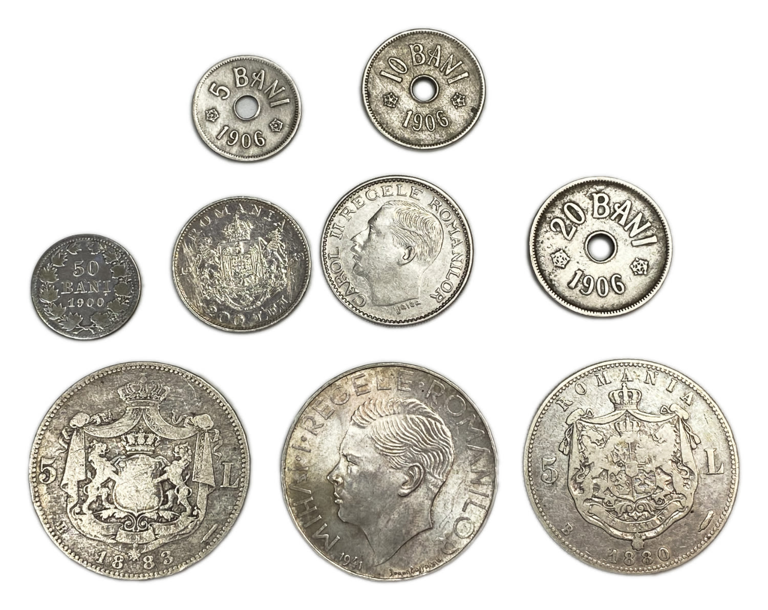 Romania - Lot of 9 coins - 5, 10, 50 Bani - 500, 200, 100, 5 Lei - 1906, 1900, 1883, 1880, 1941, 1930
... - 1 0
