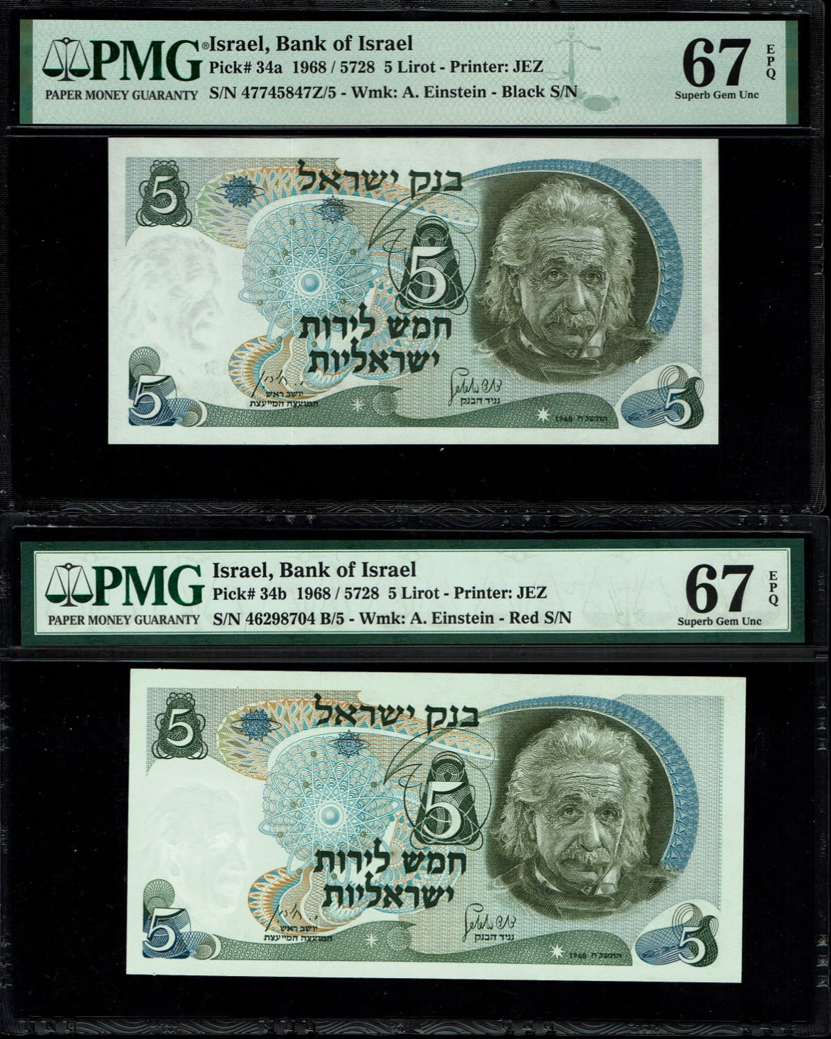 Israel - Pair banknotes of 5 Pounds 1968 - PMG 67 EPQ - Black Serial Number
The personal series ... - 1 0