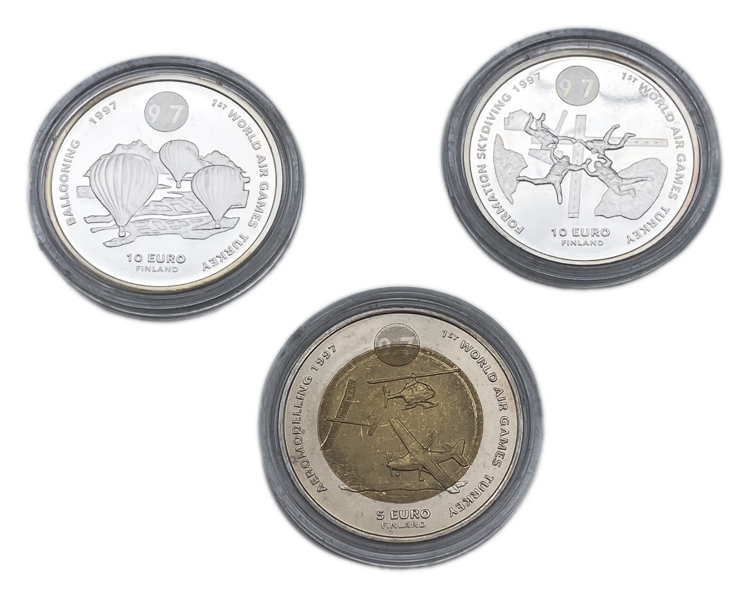 Turkey - Israel government company set of 3 coins 5, 10 euros 1997 - on the occasion of the World Aviation Games ... - 1 0