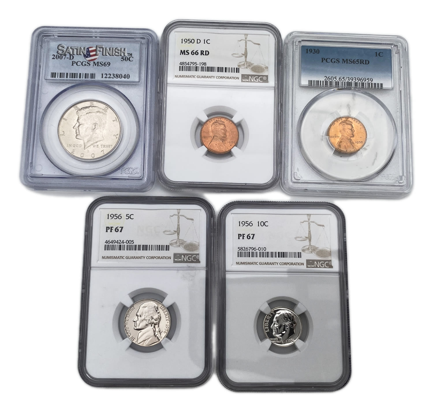 USA - a group of 5 ranked currencies
1 cent 1930 - PCGS 65 RD
1 cent 1950 ... - 1 0