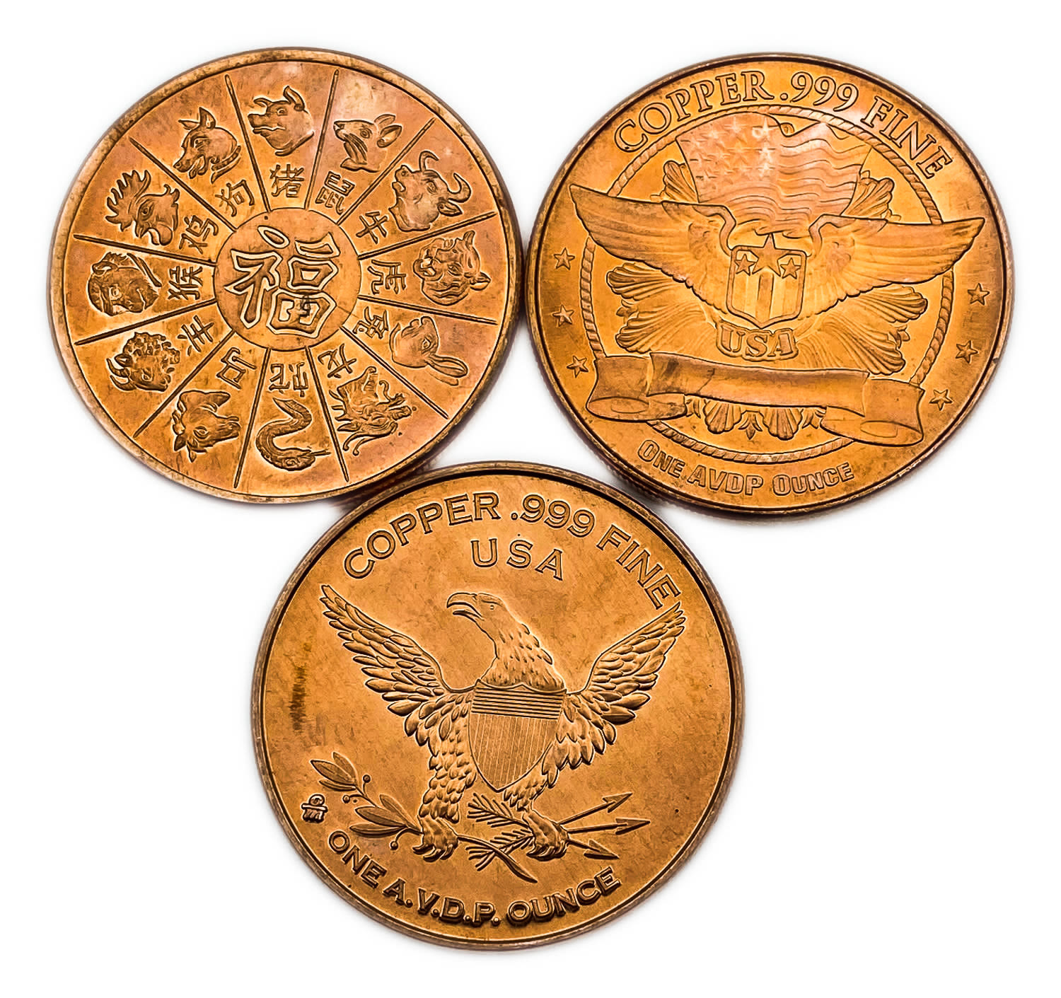 USA - 3 coins of Ounce Copper 999 - Various Years - UNC - 1 1