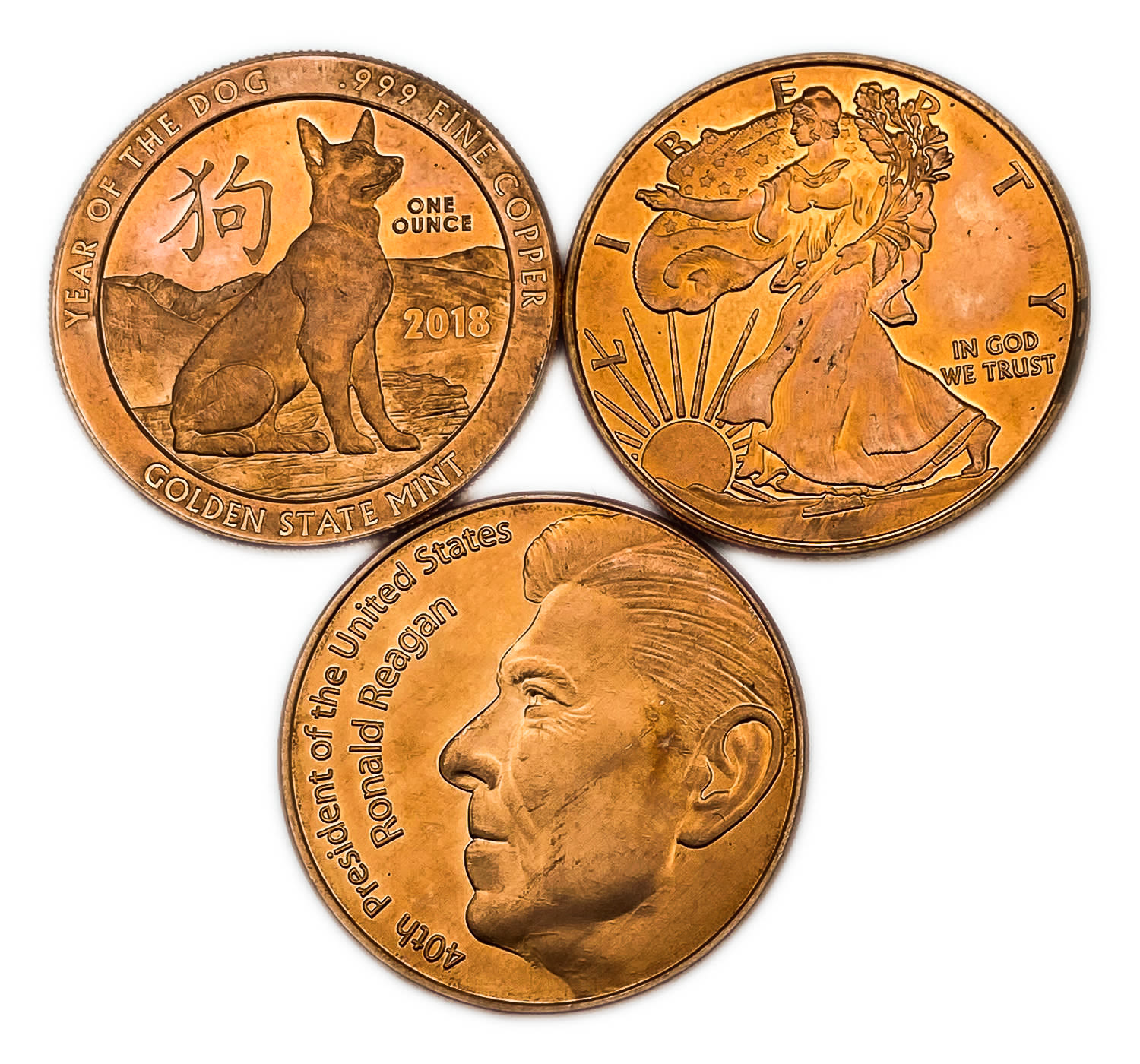 USA - 3 coins of Ounce Copper 999 - Various Years - UNC - 1 0