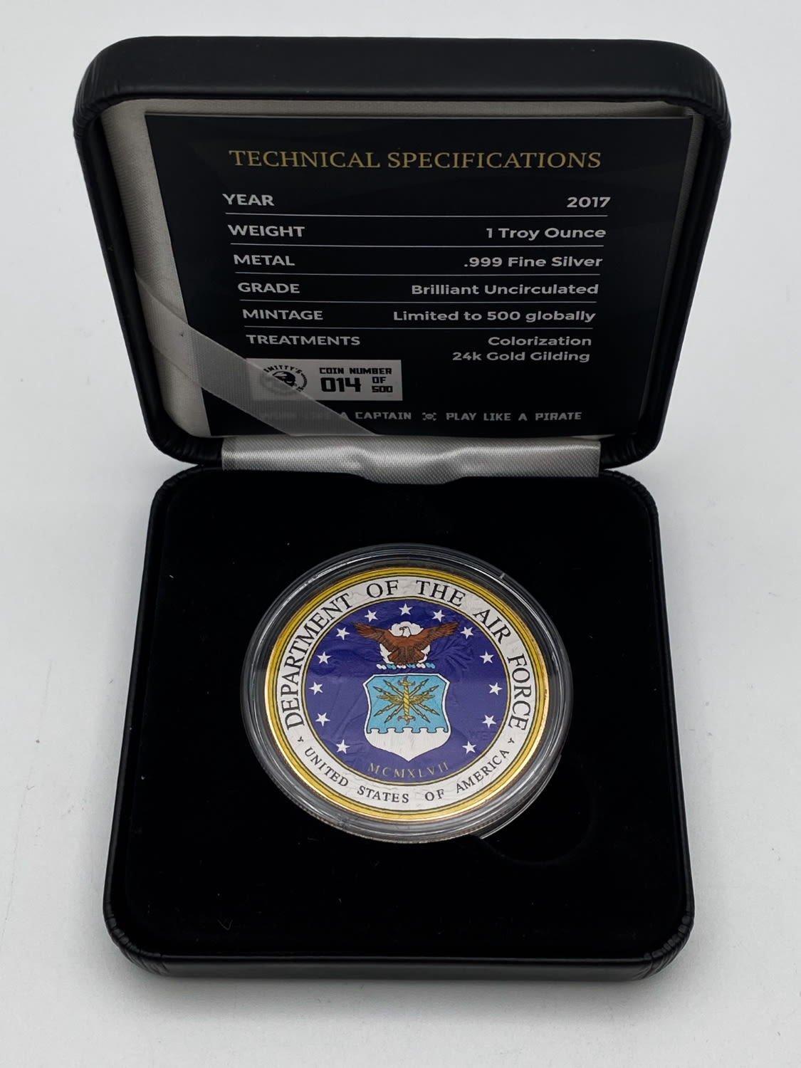 USA - 1 Dollar 2017 - Department of the air force - Silver 999, 31.1g, gold plated, Mintage 500 unites - 1 2