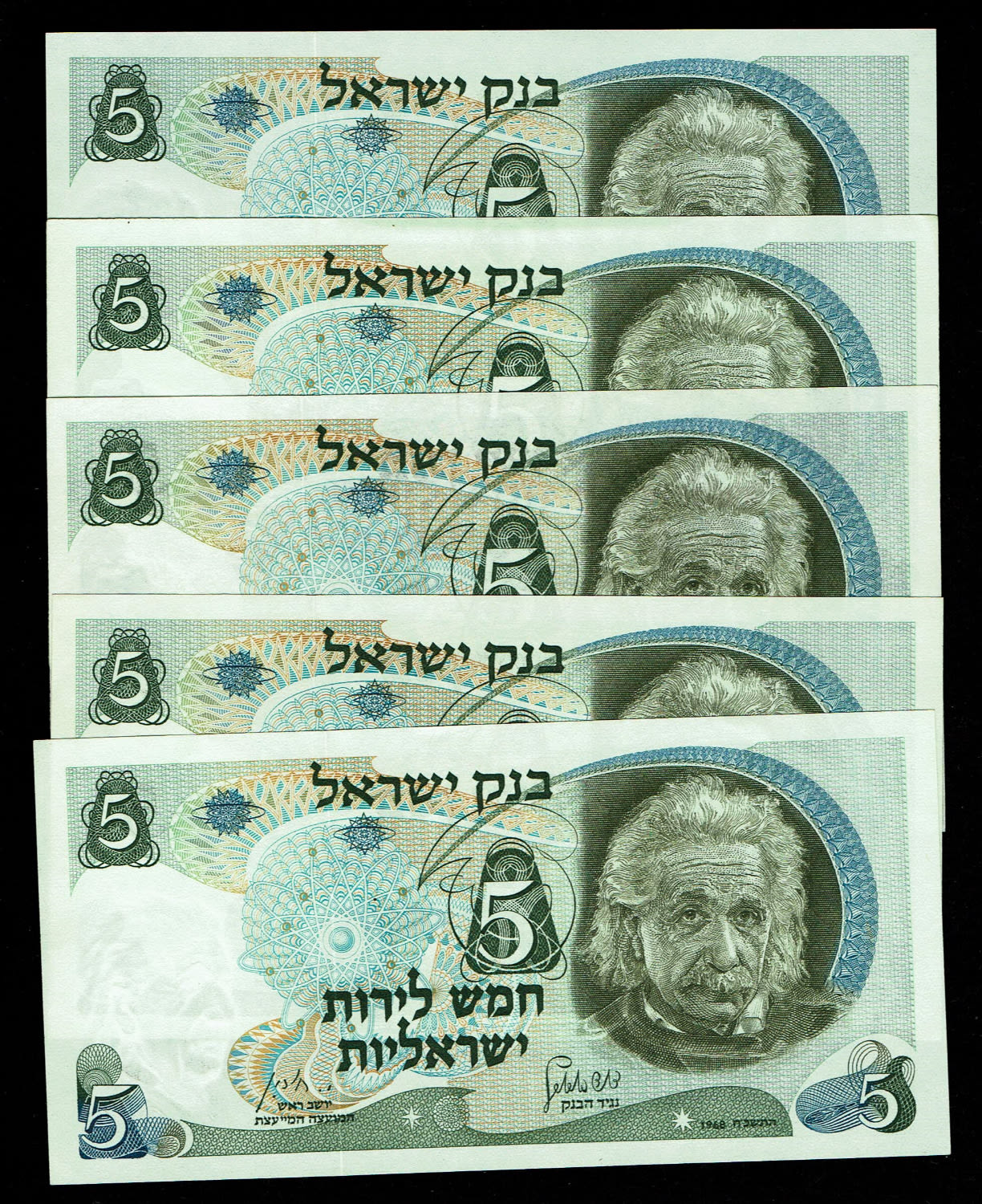 Israel - 5 Banknotes of 5 Pounds 1968 - UNC - Red Serial Number
The personal series replaced the ... - 1 0