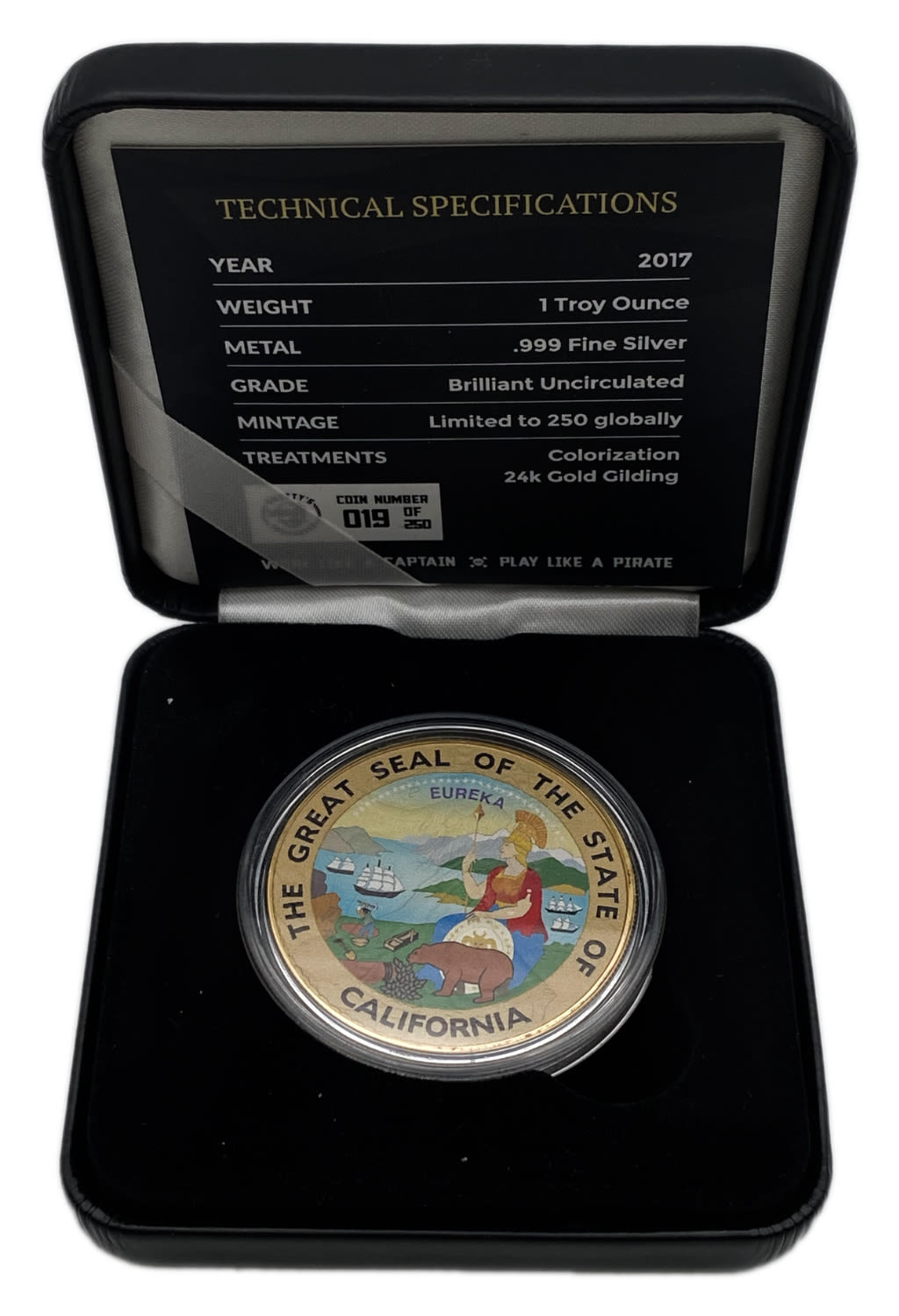 USA - 1 Dollar 2017 - The great seal of the state of California - Silver 999, 31.1g, gold plated, Mintage 250 unites - 1 2