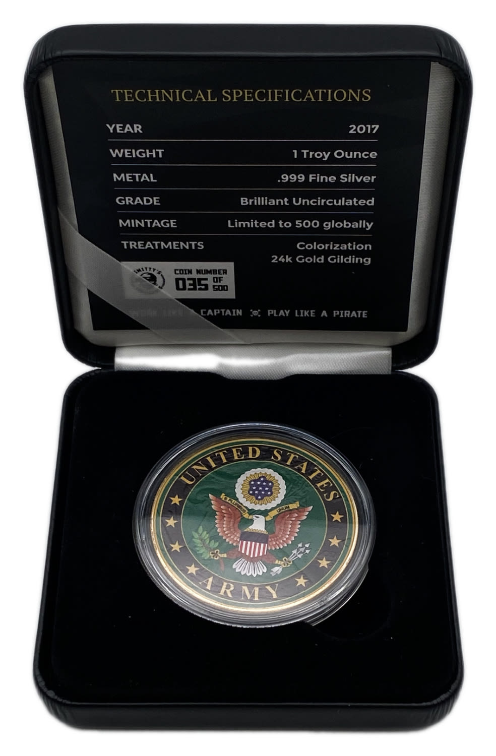 USA - 1 Dollar 2017 - United States Army - Silver 999, 31.1g, gold plated, Mintage 500 unites - 1 2