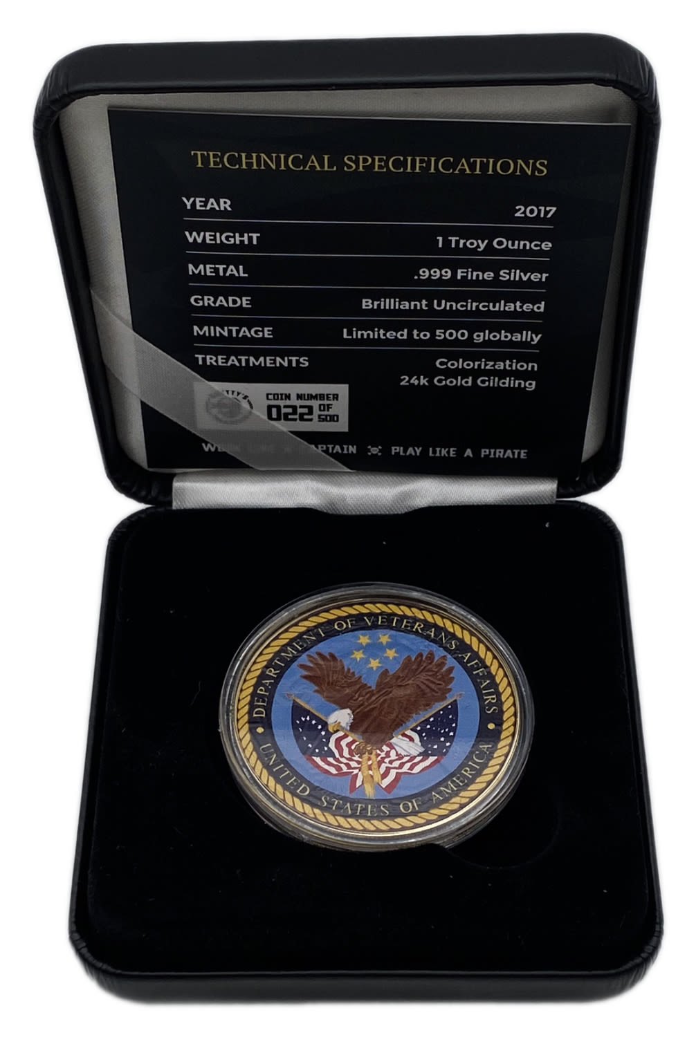 USA - 1 Dollar 2017 - Department of veterans affairs - Silver 999, 31.1g, gold plated, Mintage 500 unites - 1 2