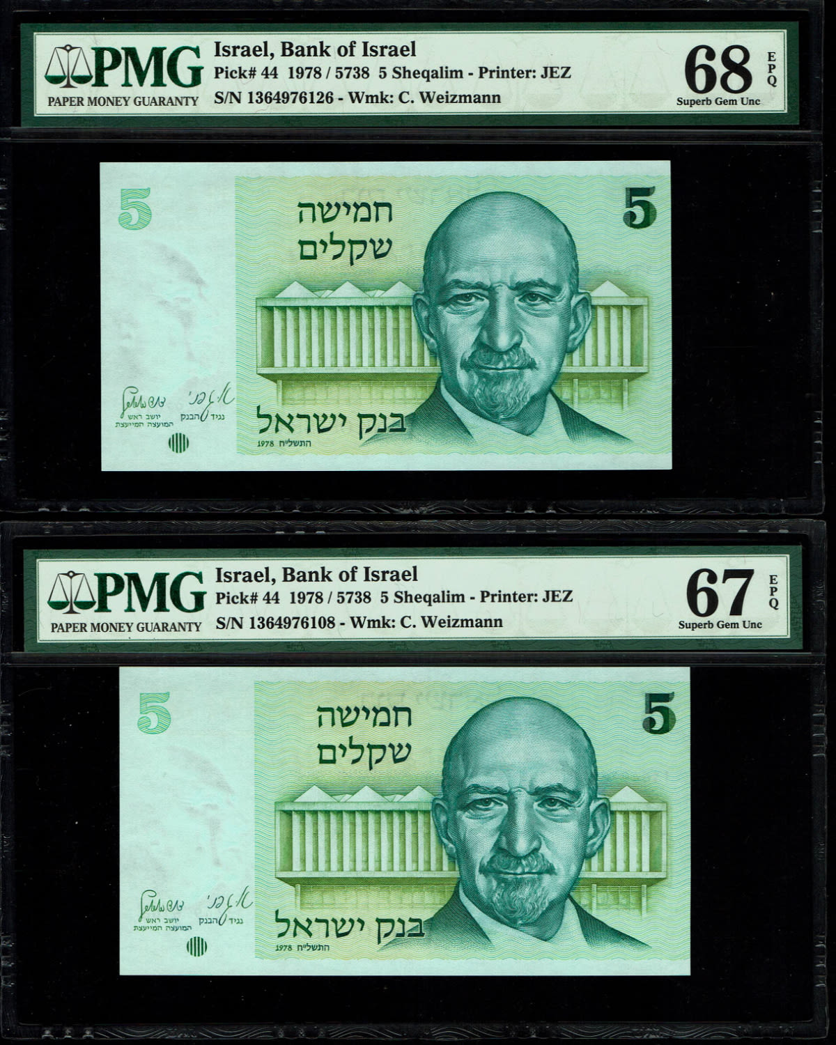 Israel - Pair of notes of 5 Sheqalim 1978 - PMG 67, 68 EPQ
The shekel series replaced the Israeli ... - 1 0