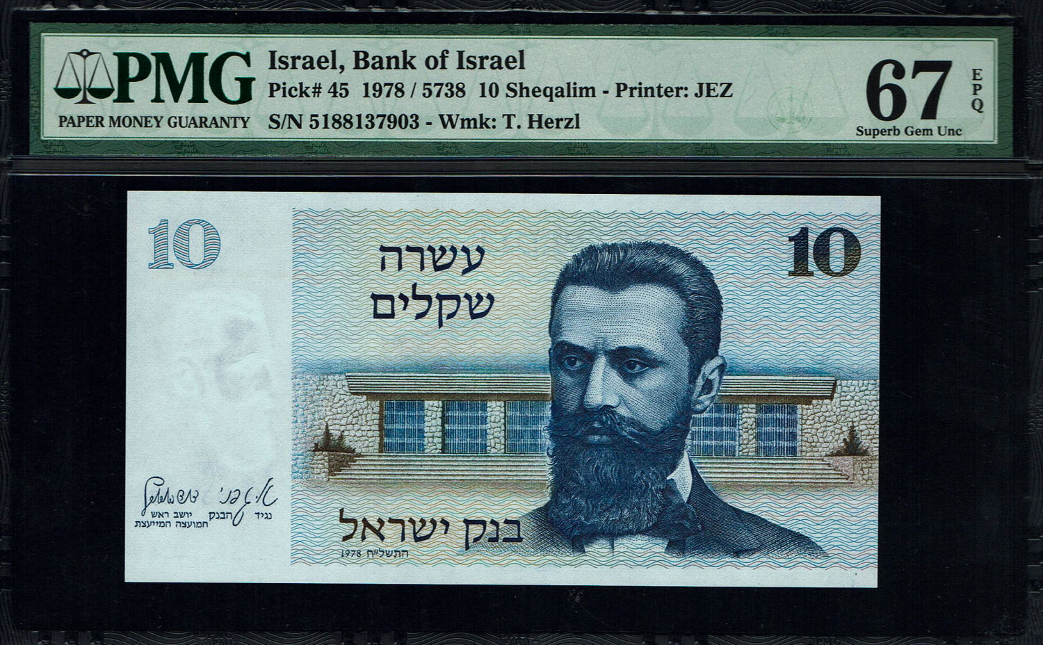 Israel - 10 Sheqalim 1978 - PMG 67 EPQ
The shekel series replaced the Israeli pound and includes ... - 1 0