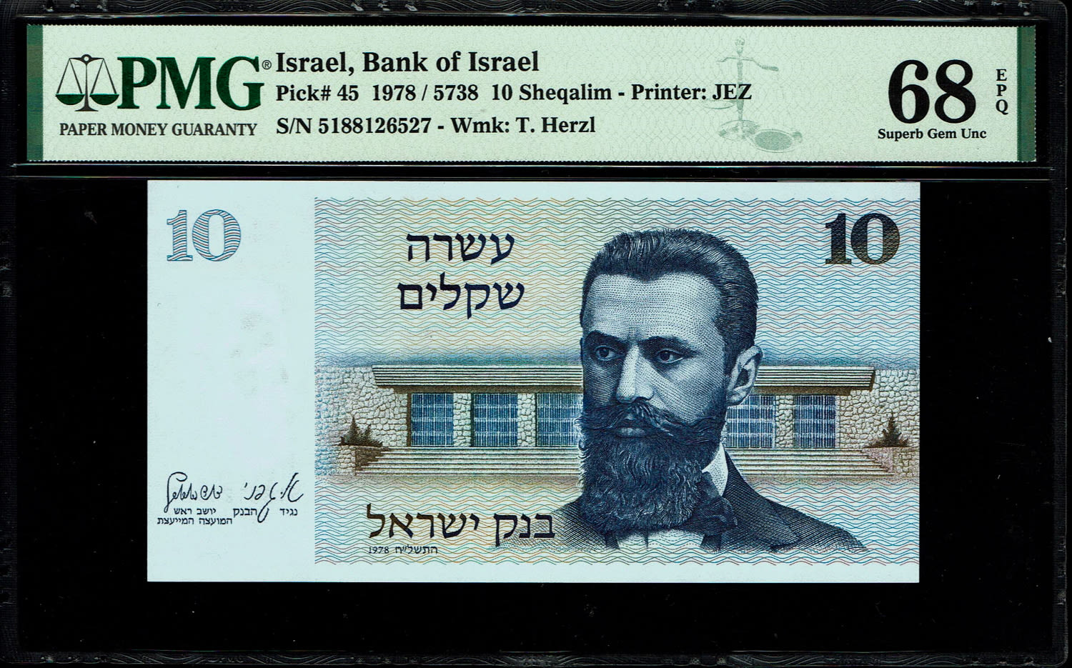 Israel - 10 Sheqalim 1978 - PMG 68 EPQ
The shekel series replaced the Israeli pound and includes ... - 1 0