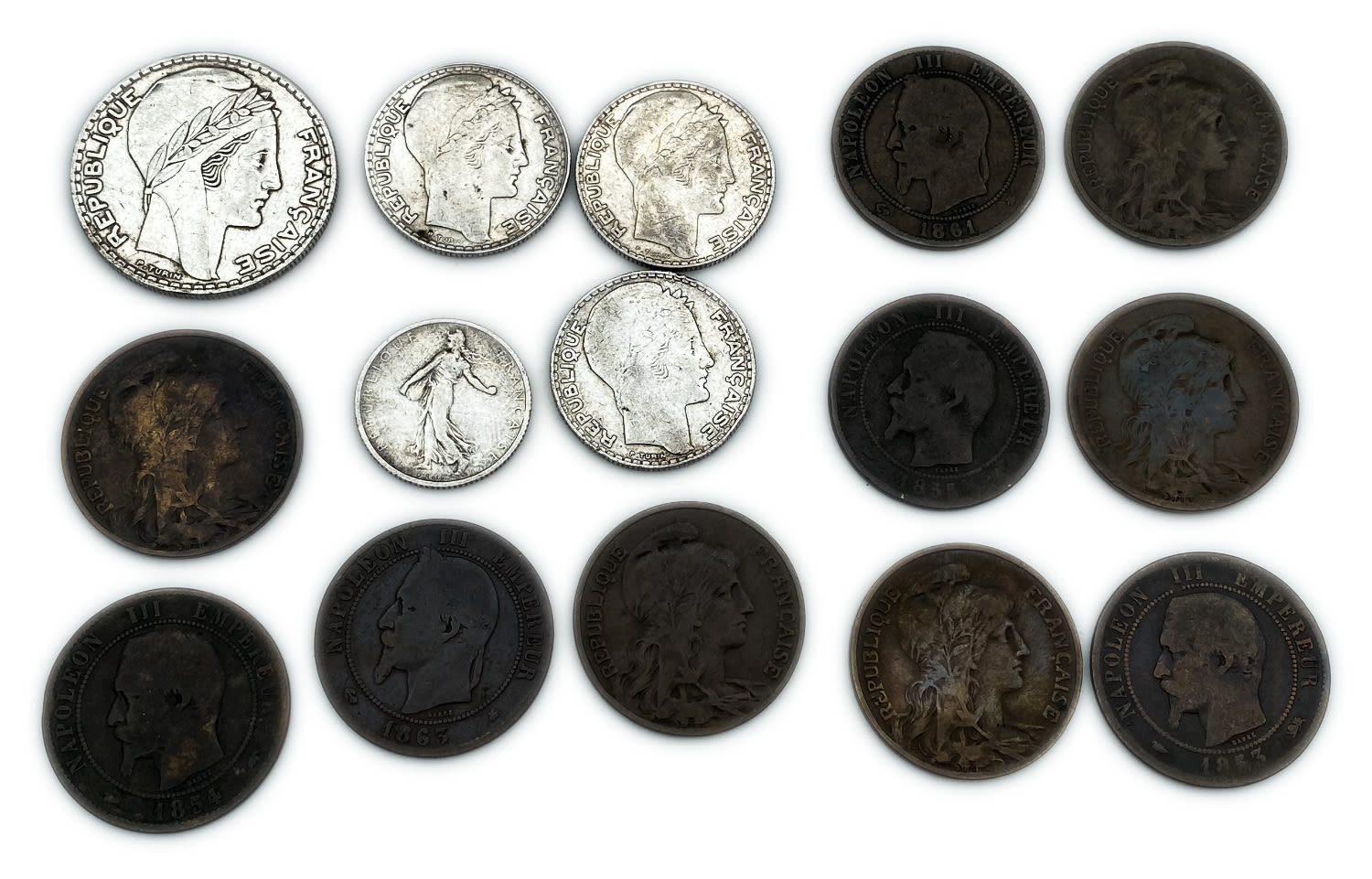 France - group of 15 coins, 5 silver and 10 bronze - the silver coins from the years 1916, 1931, 1933, 1938 - ... - 1 0