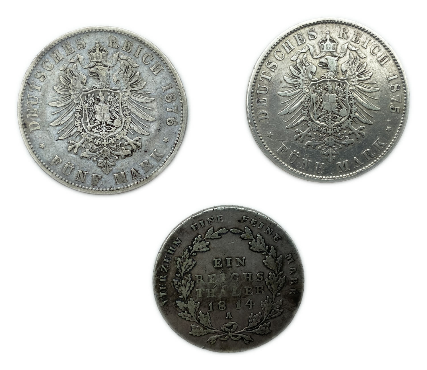 Germany - set of 3 coins 1 thaler, 5 marks 1814, 1875, 1876 - made of silver
were used in various ... - 1 1