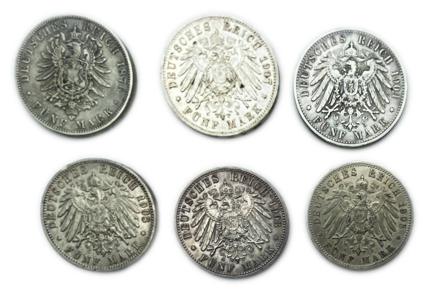 Germany - Set of 6 coins 5 marks 1876, 1904, 1907, 1908 - made of silver
were used in various ... - 1 1