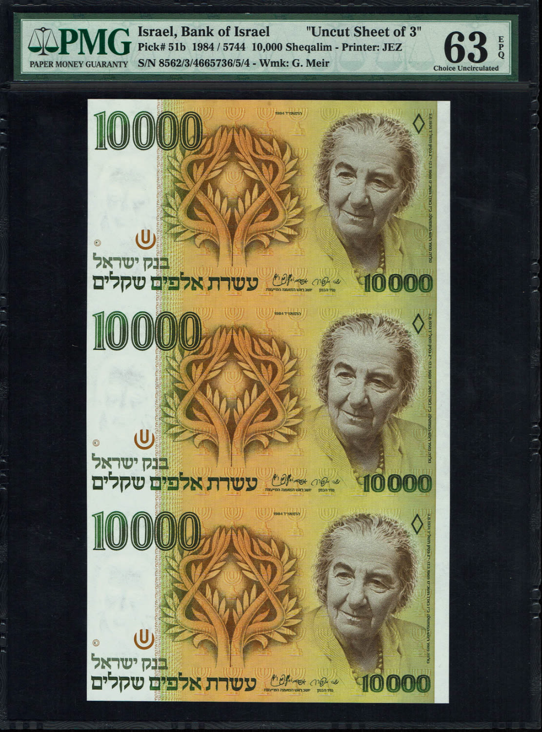 Israel - Sheet of 3 banknotes of 10,000 Shekels 1984 - PMG 63 EPQ
The shekel series replaced the ... - 1 0