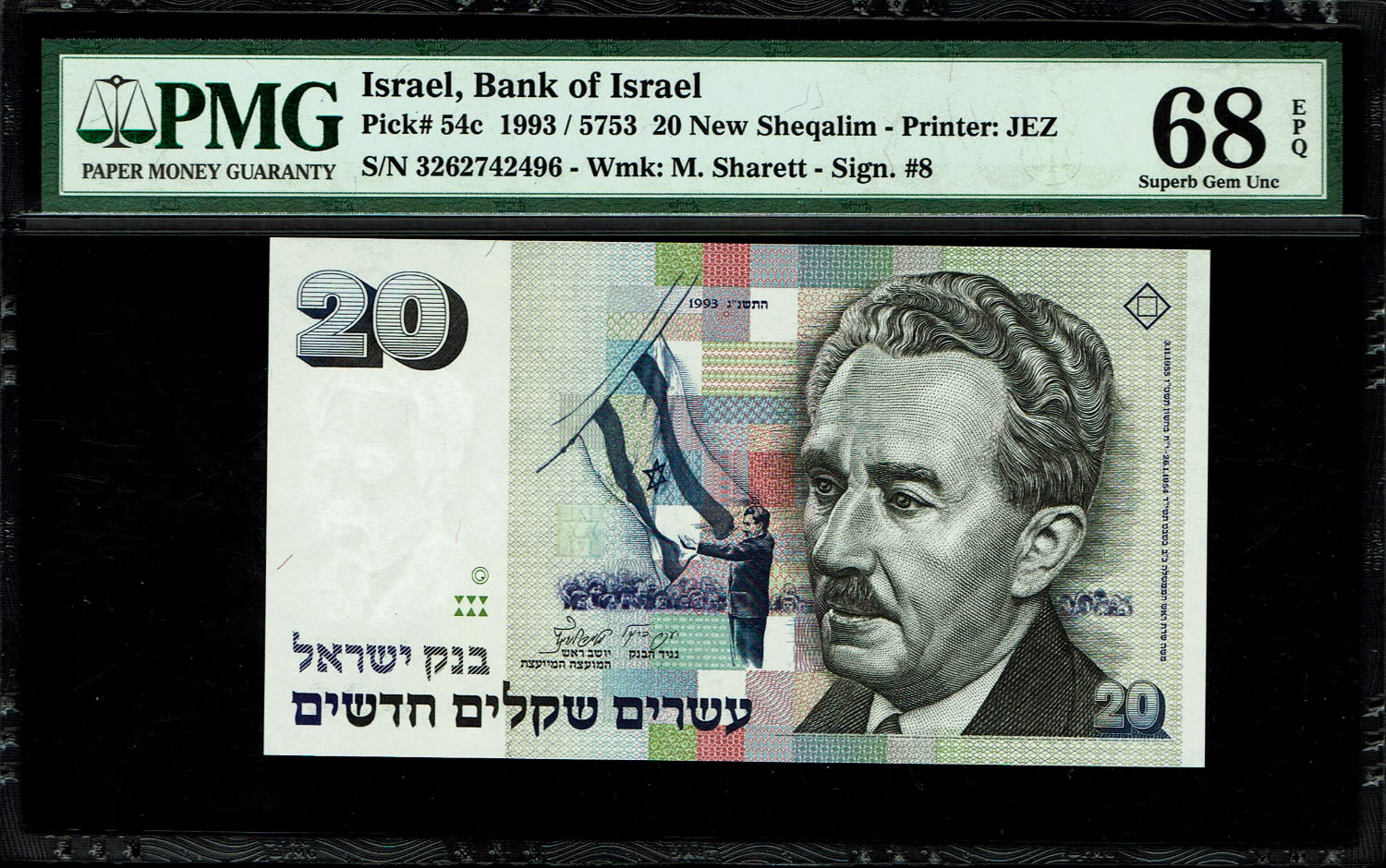 Israel - 20 New Shekel 1993 - PMG 68 EPQ
The special type of 20 Shekel banknote, you can see on the ... - 1 0