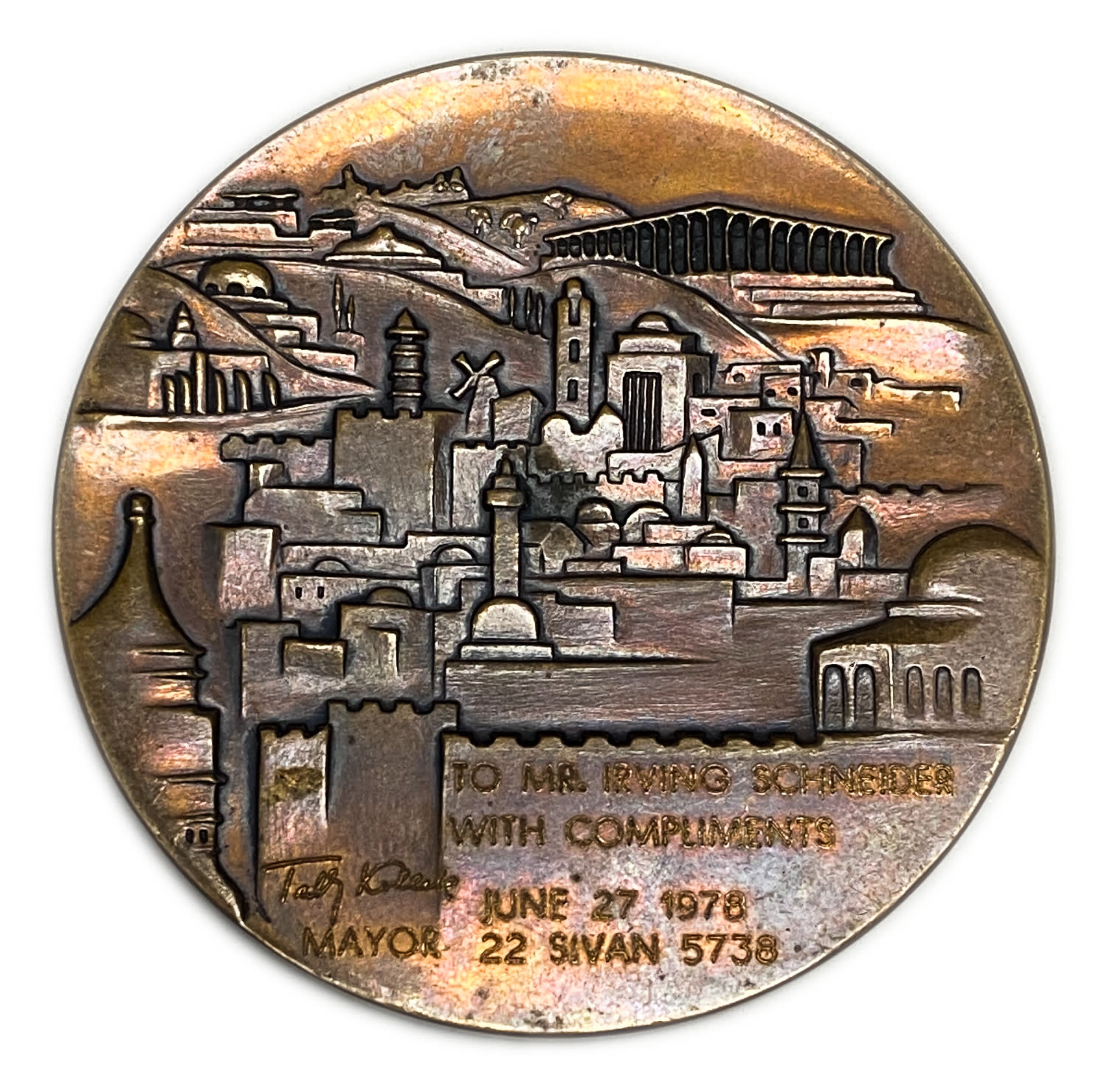 Israel - medal "Jerusalem" with a personal dedication - The Mayor's Medal for Official Awards, 1969 - With the ... - 1 0