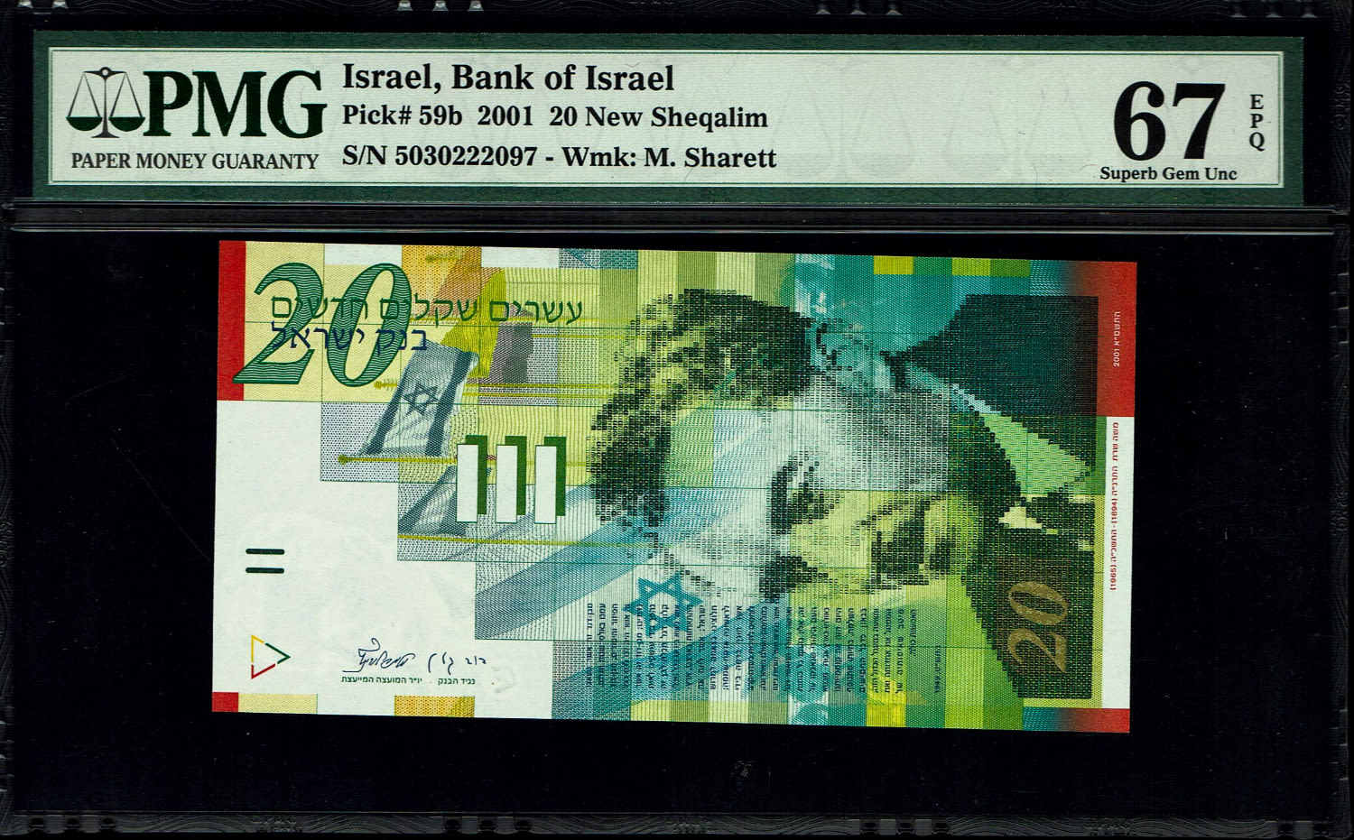 Israel - 20 New Shekels 2001 - PMG 67 EPQ
Front: Portrait of Moshe Sharett, picture of the ceremony ... - 1 0