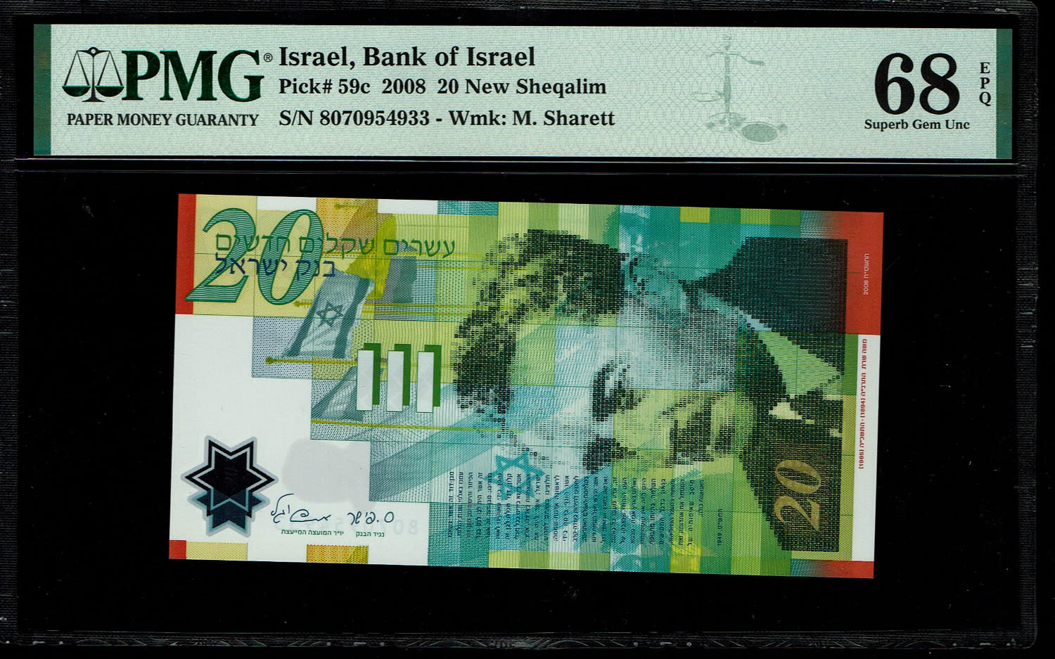 Israel - 20 New Shekels 2008 - "Polymer" - PMG 68 EPQ
Front: Portrait of Moshe Sharett, picture of ... - 1 0