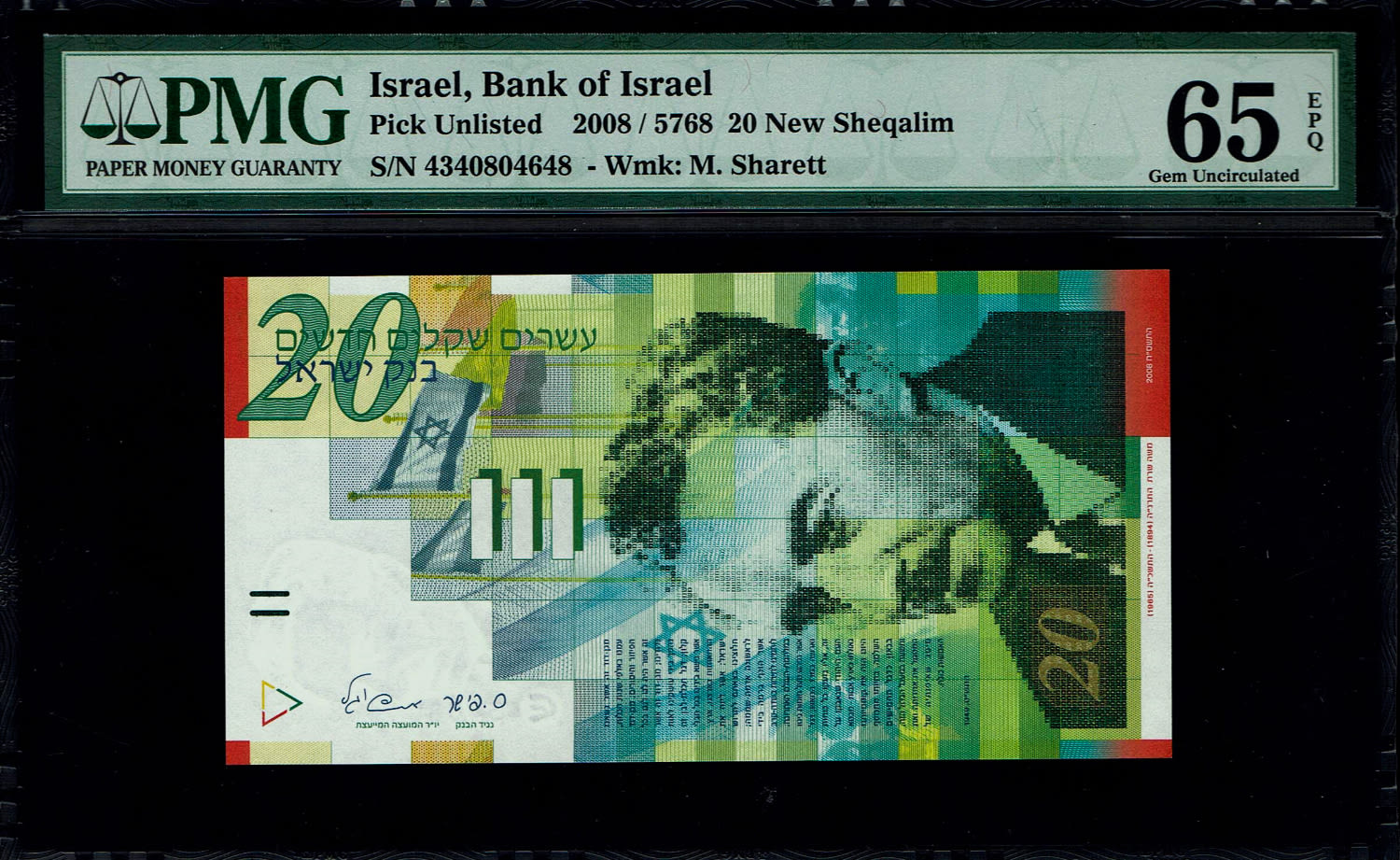 Israel - 20 New Shekels 2008 - "Paper" - PMG 65 EPQ
Front: Portrait of Moshe Sharett, picture of the ... - 1 0